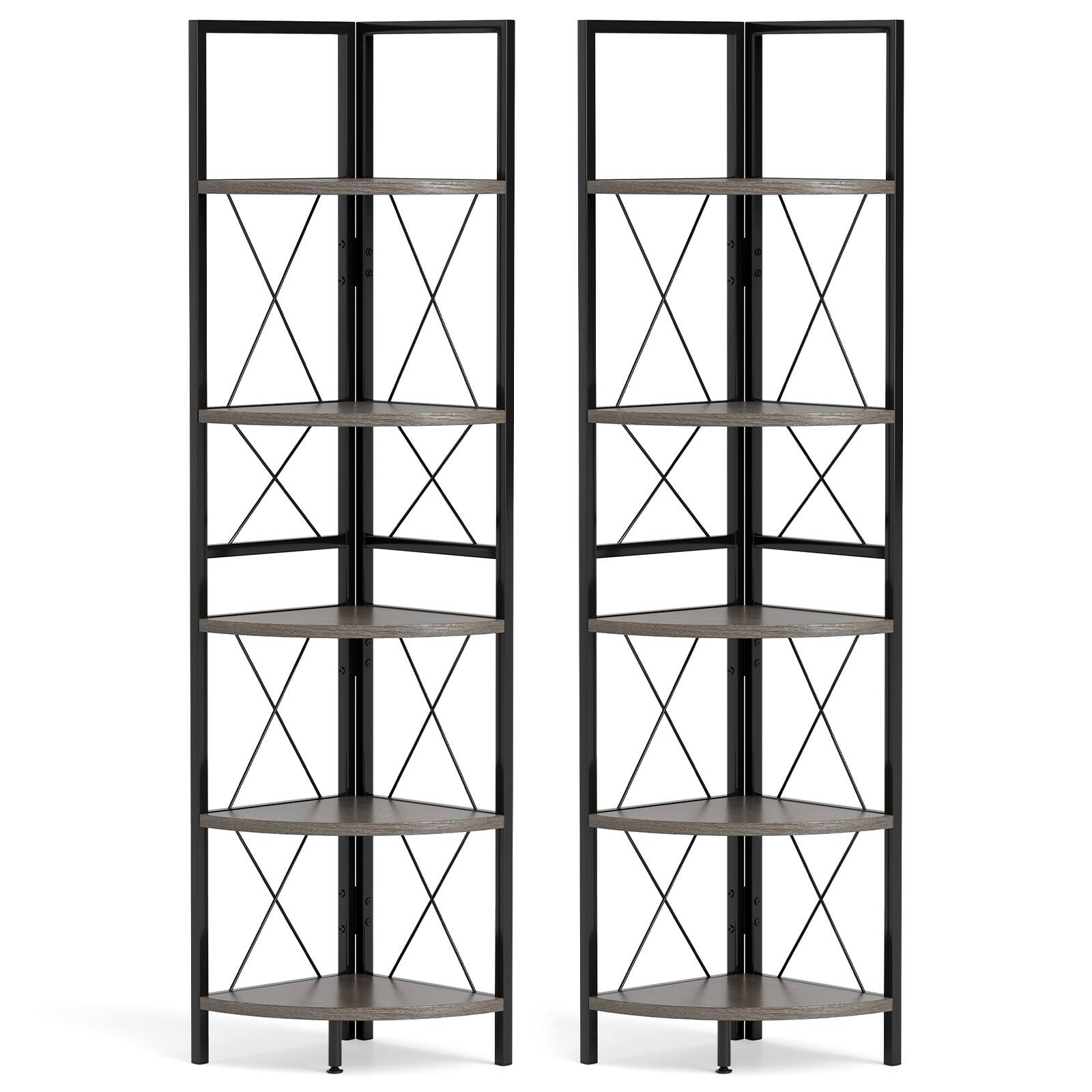 Alt View 9. Gymax - Gymax 2 PCS 5-tier Corner Display Rack Corner Ladder Bookshelf w/ Sturdy Metal Frame Oak & Black - Oak, Black.
