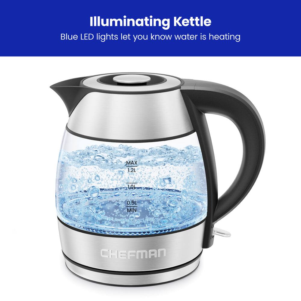Illuminating Kettle Blue LED lights let you know water is heating MAX 1.2L 1.0L RISS 0.5L MIN CHEFMAN