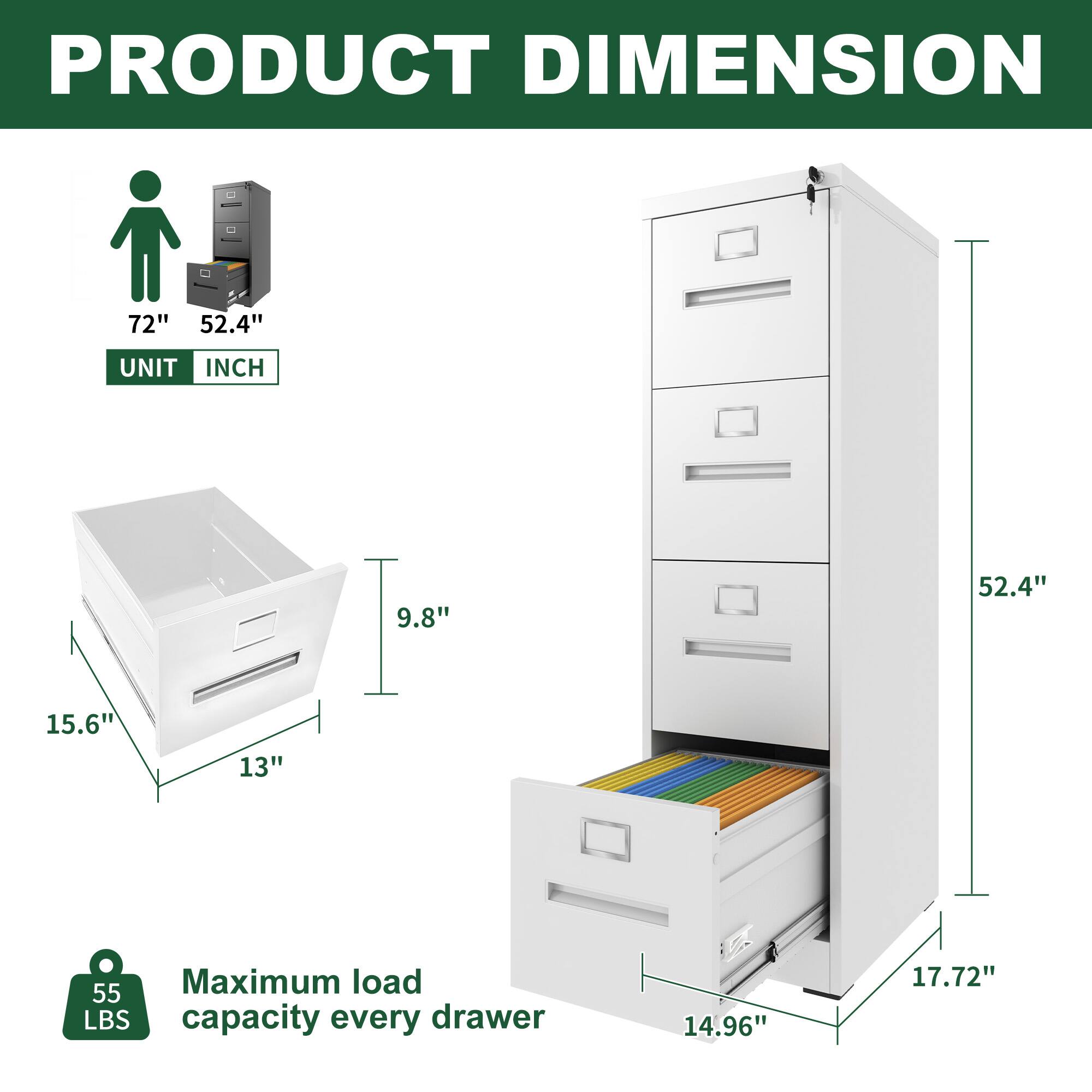 PRODUCT DIMENSION

UNIT INCH

72" 52.4"

15.6" 13" 9.8"

52.4" 17.72" 14.96"

Maximum load capacity every drawer 55 LBS