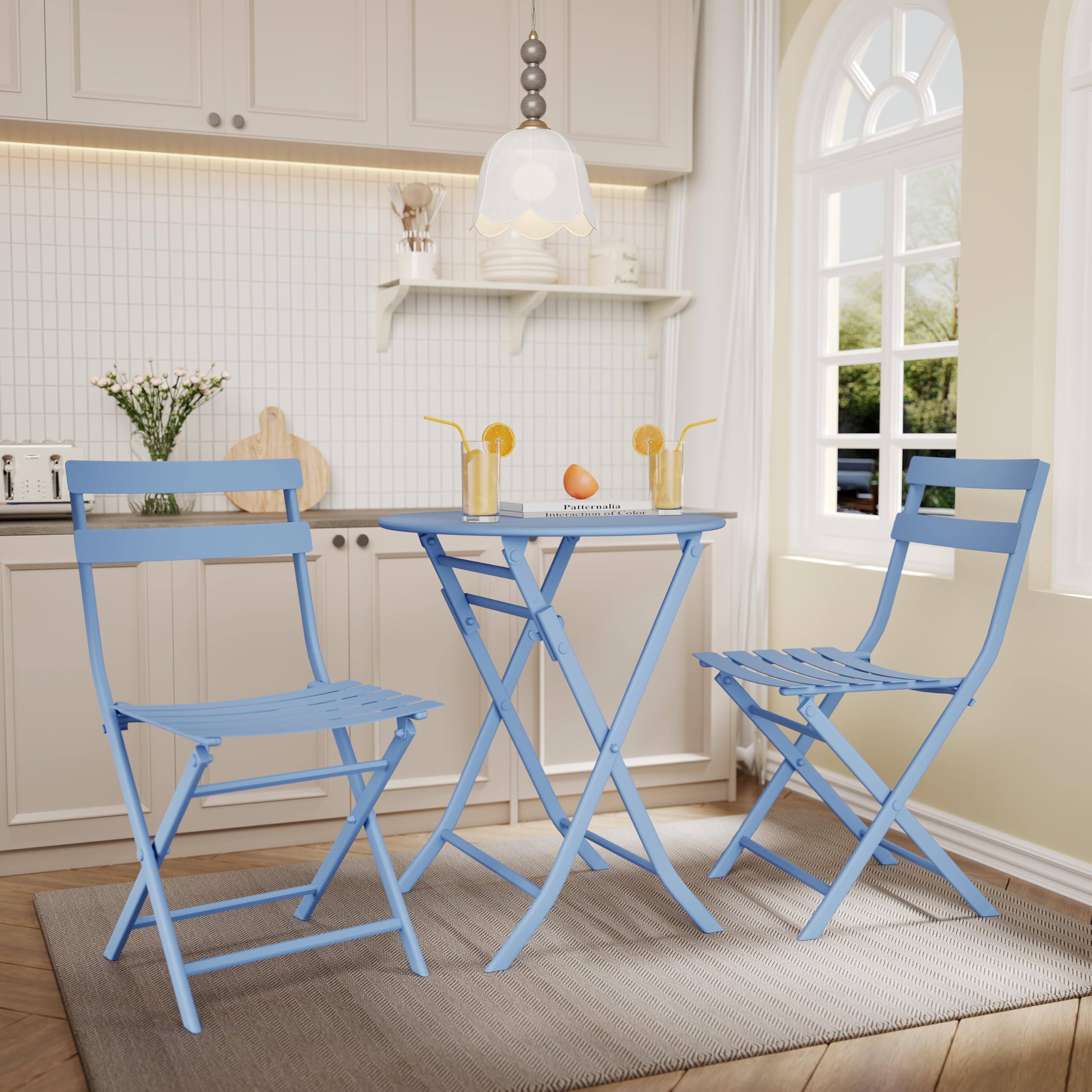 Alt View 1. Homhougo - 3-Piece Folding Bistro Set, Foldable Patio Furniture Set with Premium Frame, Outdoor Bistro Table and Chairs Set of 2 - Blue.