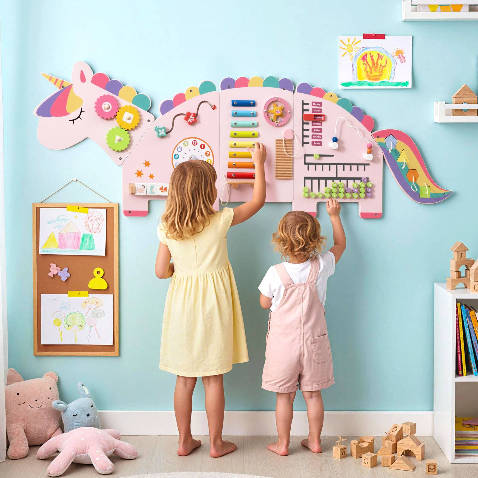 Alt View 1. Costway - Costway 11-in-1 Wall-mounted Wooden Sensory Wall Panels for Kids Early Development - Pink.