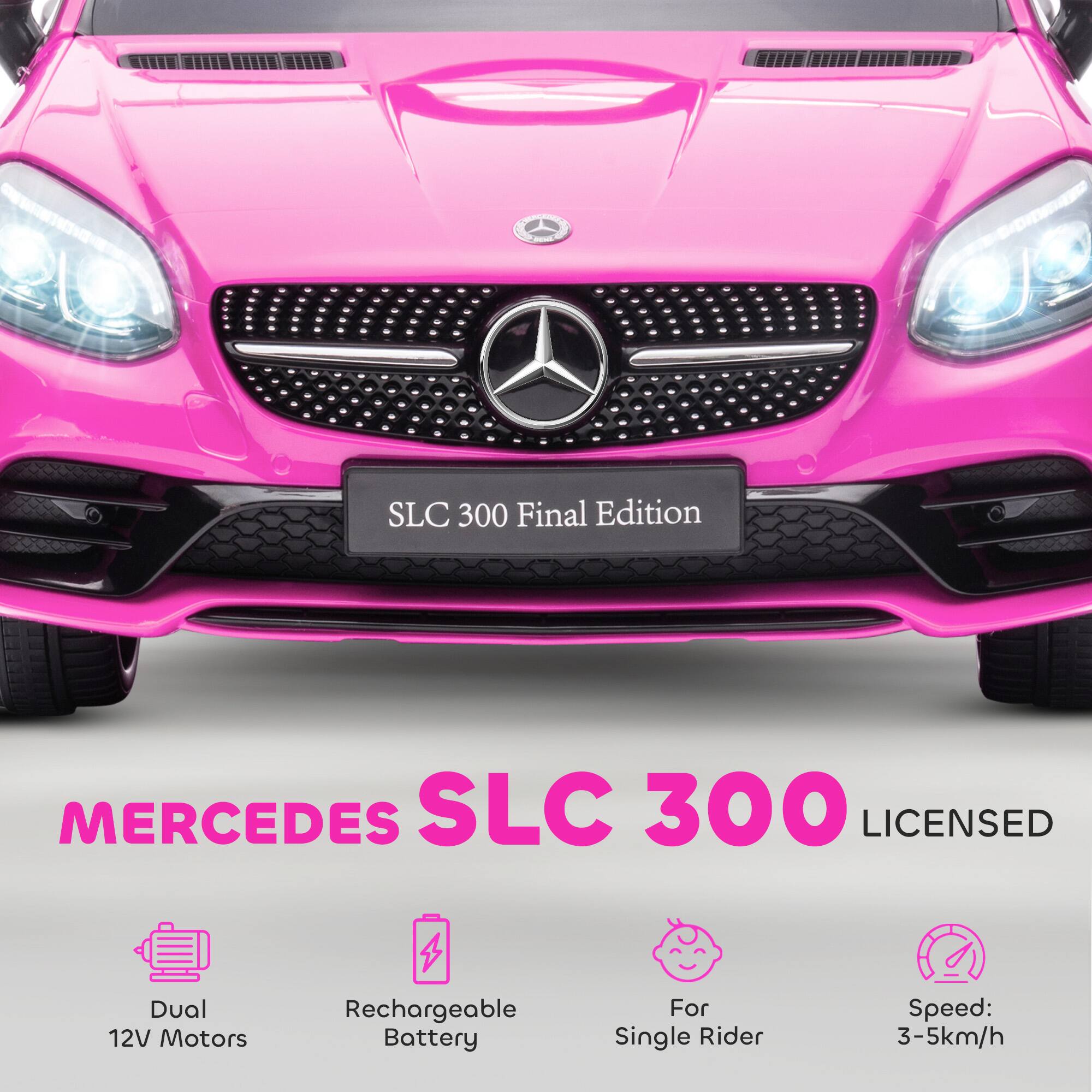 SLC 300 Final Edition  
MERCEDES SLC 300 LICENSED  
Dual 12V Motors  
Rechargeable Battery  
For Single Rider  
Speed: 3-5km/h