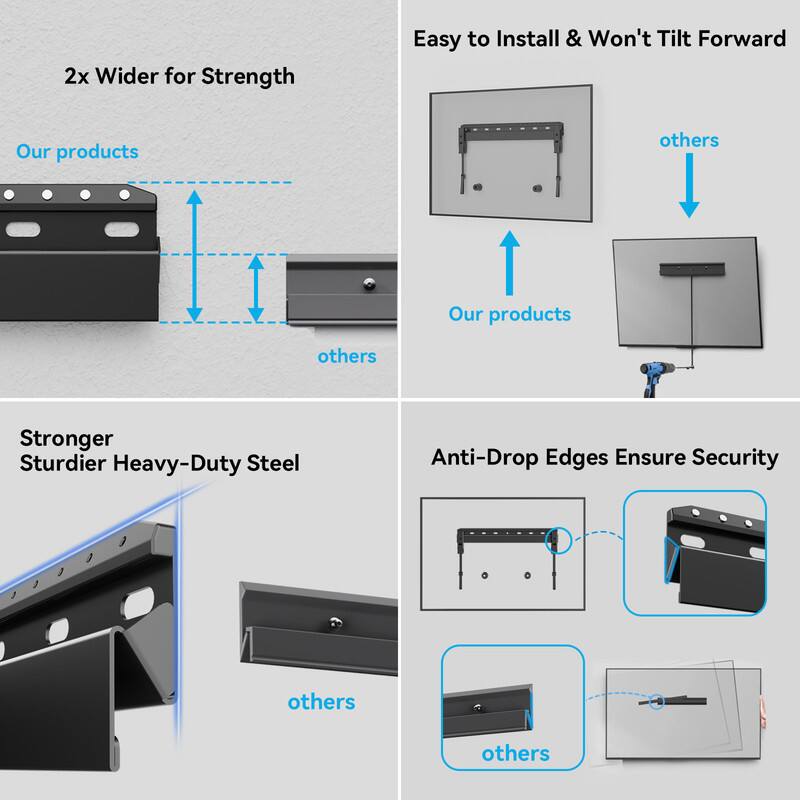 2x Wider for Strength  
Our products  
others  

Easy to Install & Won't Tilt Forward  
Our products  
others  

Stronger Sturdier Heavy-Duty Steel  
Our products  
others  

Anti-Drop Edges Ensure Security  
Our products  
others