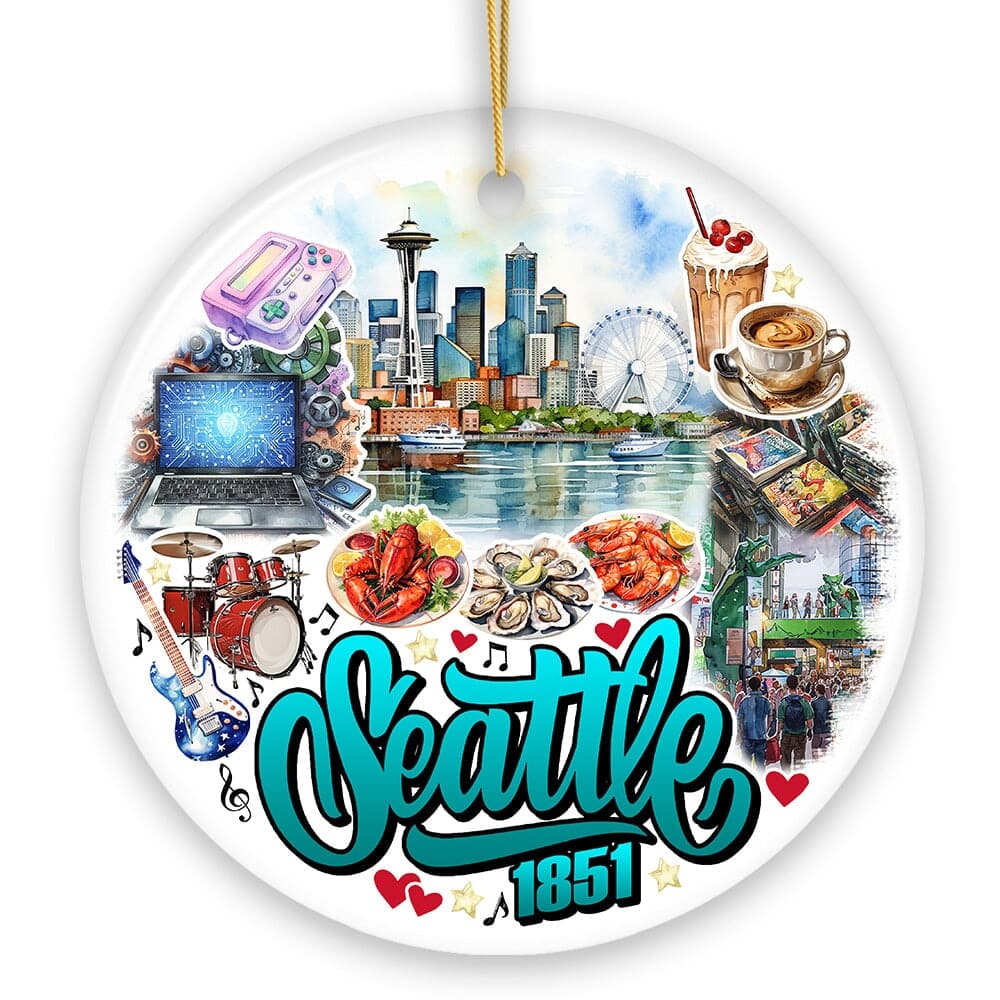OrnamentallyYou - Unique Seattle Watercolor Ceramic Ornament Washington State Souvenir and Christmas Decor Circle - Multi-colored