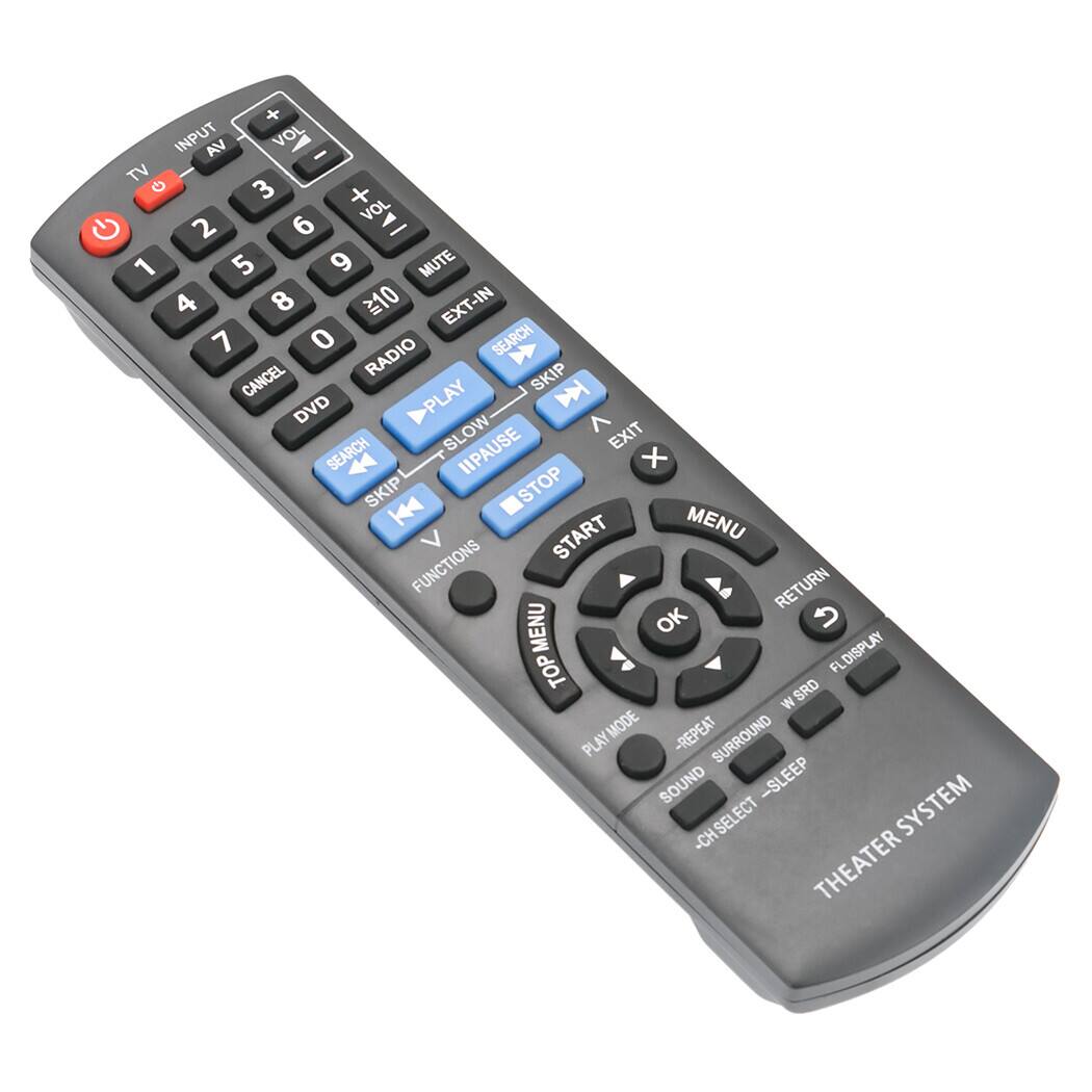 + INPUT AV VOL Y TV 6 3 + VOL A 2 6 - 1 5 9 MUTE 4 8 10 EXT-IN 7 0 SEARCH H CANCEL RADIO SKIP DVD PLAY D SLOW ^ IIPAUSE EXIT SEARCH 44 x SKIP STOP K4 MENU START FUNCTIONS RETURN MENU OK 5 TOP FLDISPLAY W SRD MODE -REPEAT SURROUND PLAY SOUND -SLEEP CHSELECT SEL SYSTEM -CH THEATER