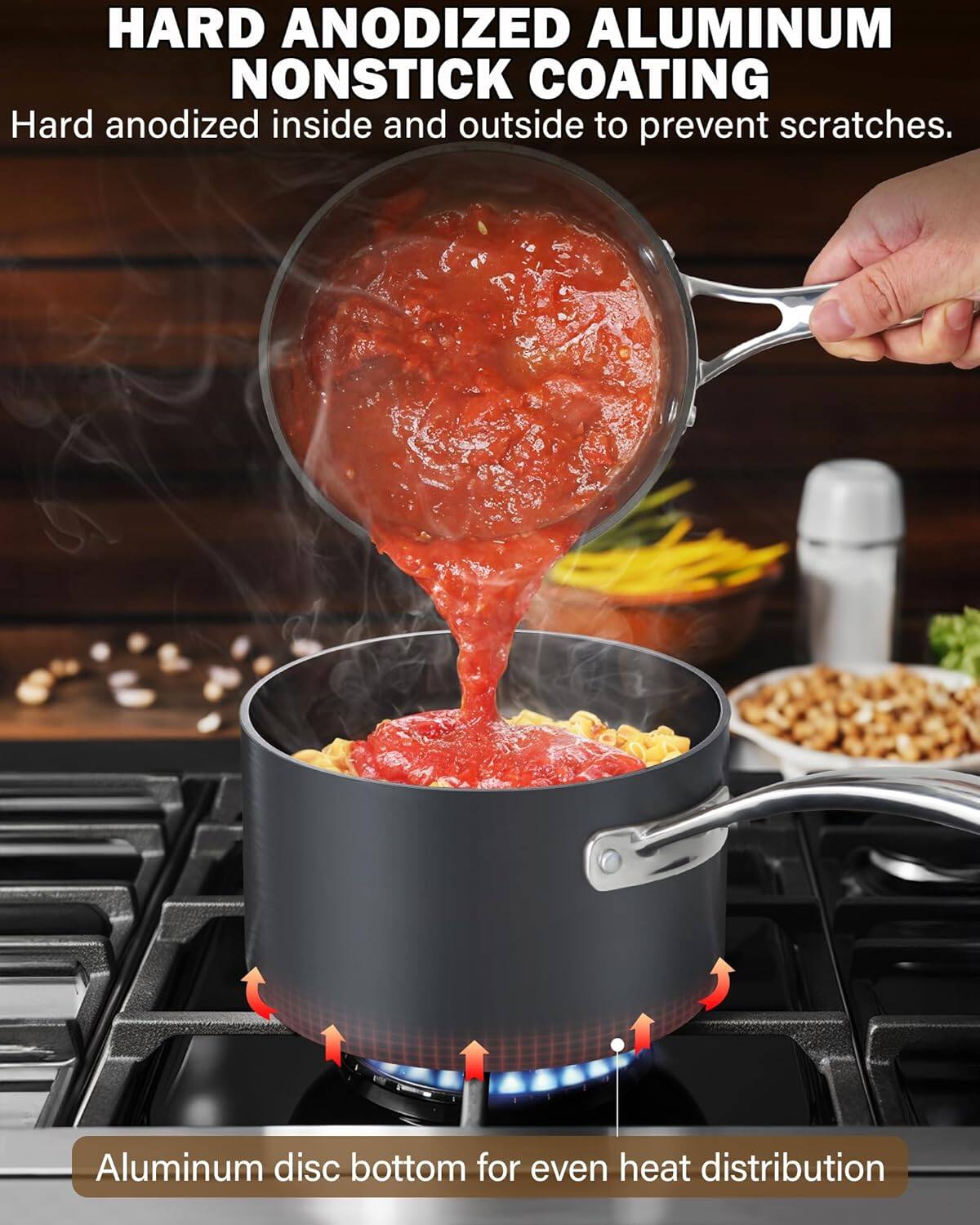 HARD ANODIZED ALUMINUM NONSTICK COATING  
Hard anodized inside and outside to prevent scratches.  

Aluminum disc bottom for even heat distribution