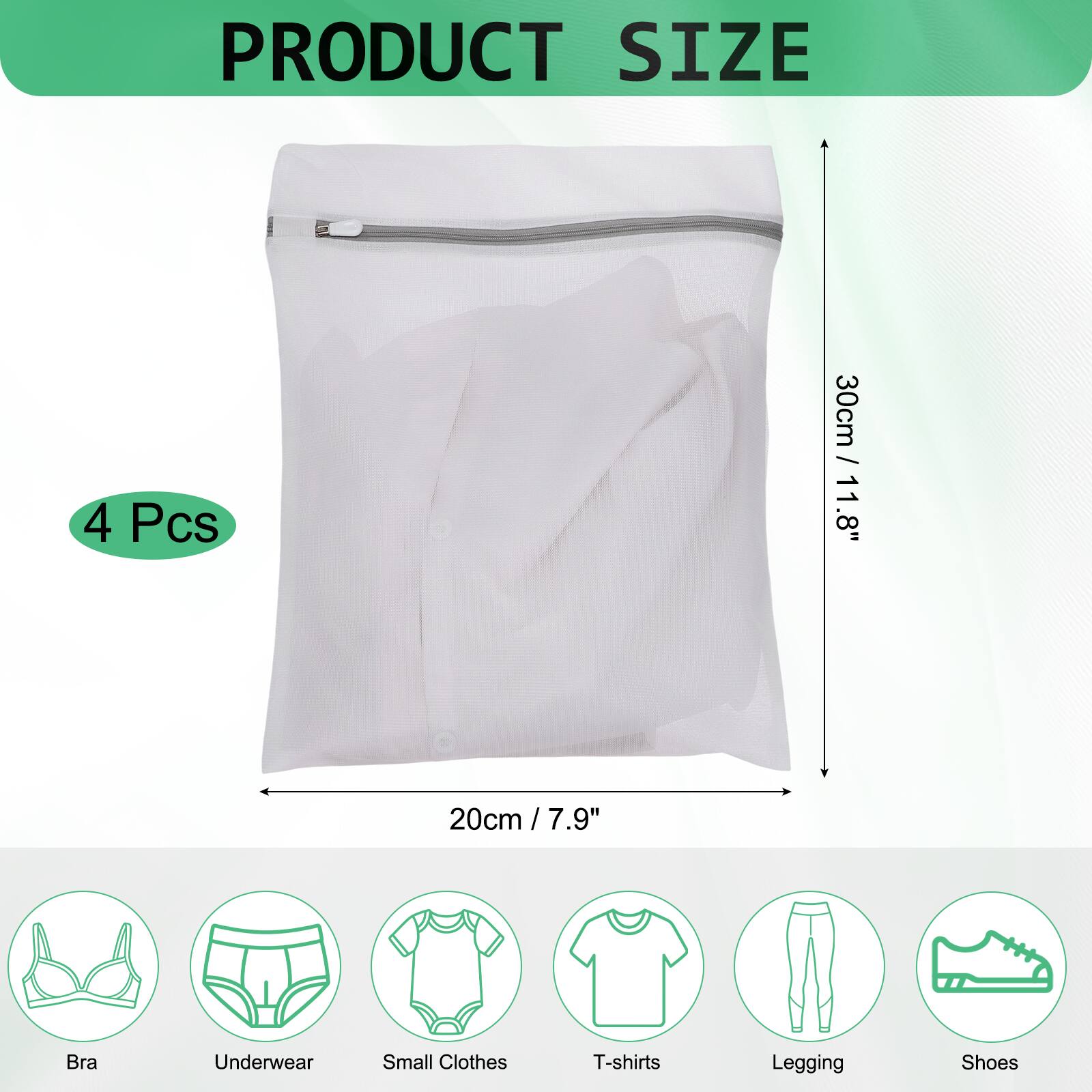 PRODUCT SIZE

4 Pcs

30cm / 11.8"  
20cm / 7.9" / 7.9"

Bra  
Underwear  
Small Clothes  
T-shirts  
Legging  
Shoes