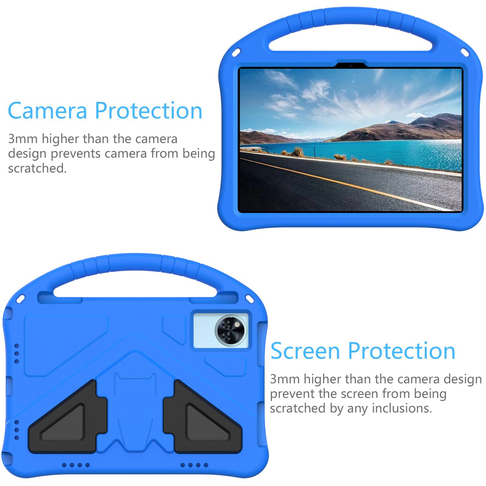 Camera Protection  
3mm higher than the camera design prevents camera from being scratched.  

Screen Protection  
3mm higher than the camera design prevent the screen from being scratched by any inclusions.