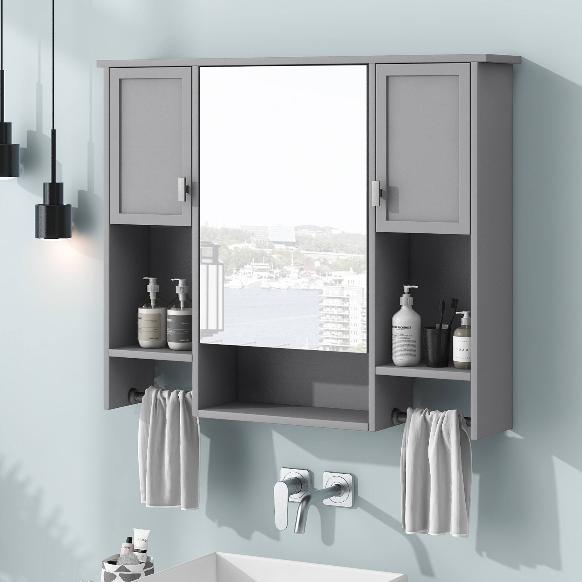 Alt View 7. Ecooso - 35x28in Bathroom Mirror Cabinet with Towel Bar, Wall Mounted Storage Organizer - Grey.