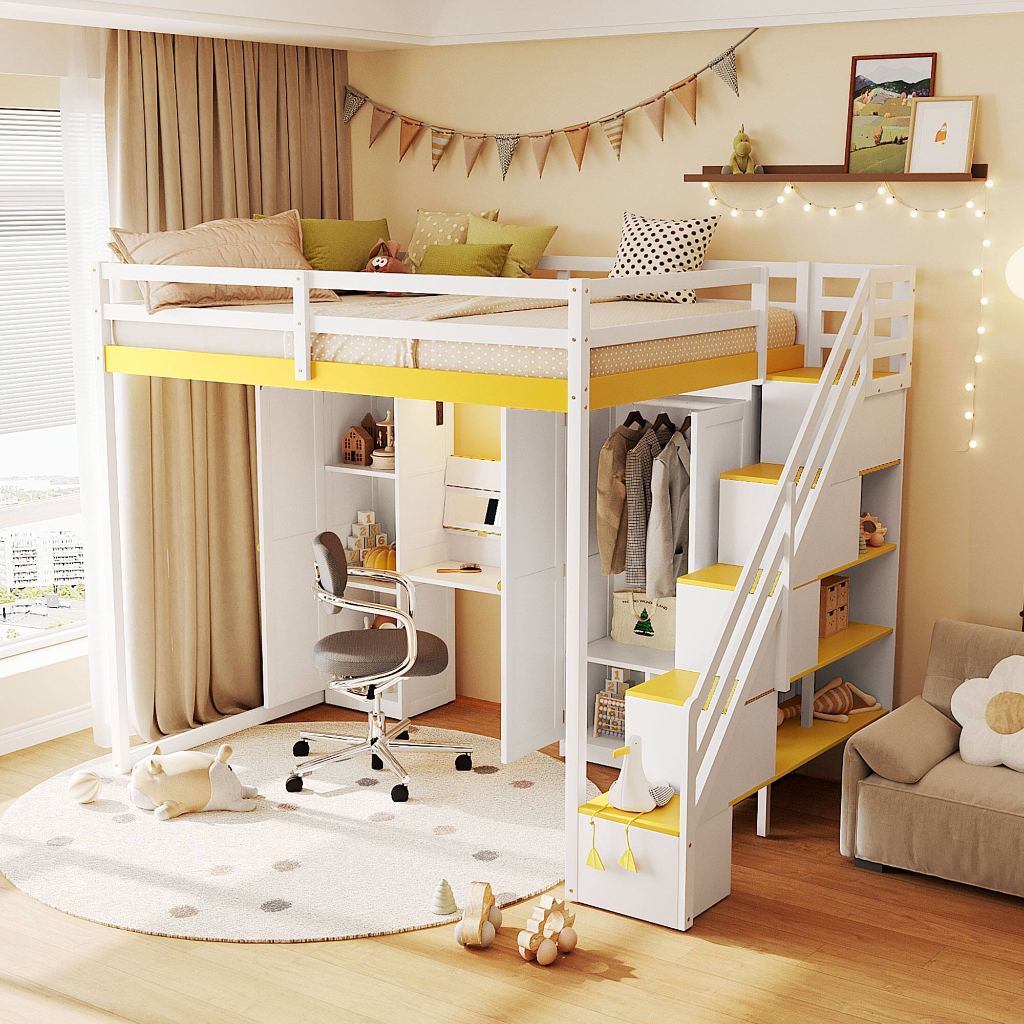 Left. Anysun - Full Size Loft Bed with Storage Staircase - Built-In Dressing Table & Mirror, Wardrobe, USB Ports & Lights - Yellow.