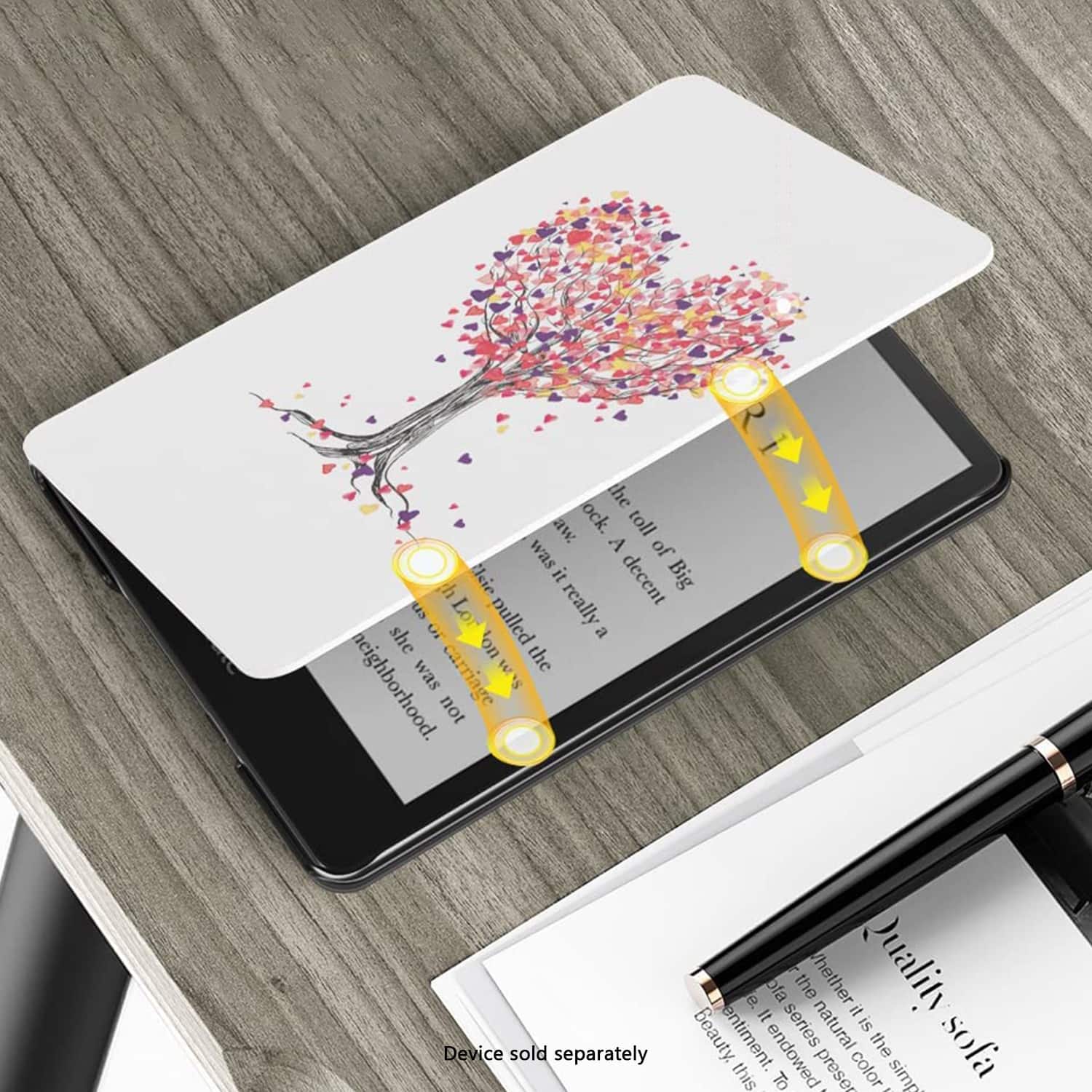 The image features a tablet with a case that has a tree design on it. The case has a bookmark attached to it, which is placed on top of a book. The tablet is sitting on top of the book, and there is a pen nearby. The text on the image reads, "Dance sold separately. Quality is Beauty. Endowed this TO prese - color simple."