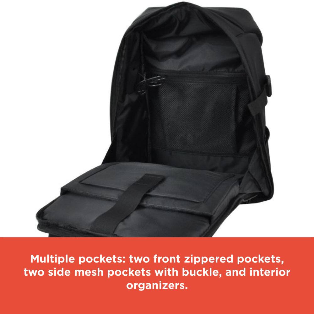 Multiple pockets: two front zippered pockets, two side mesh pockets with buckle, and interior organizers.