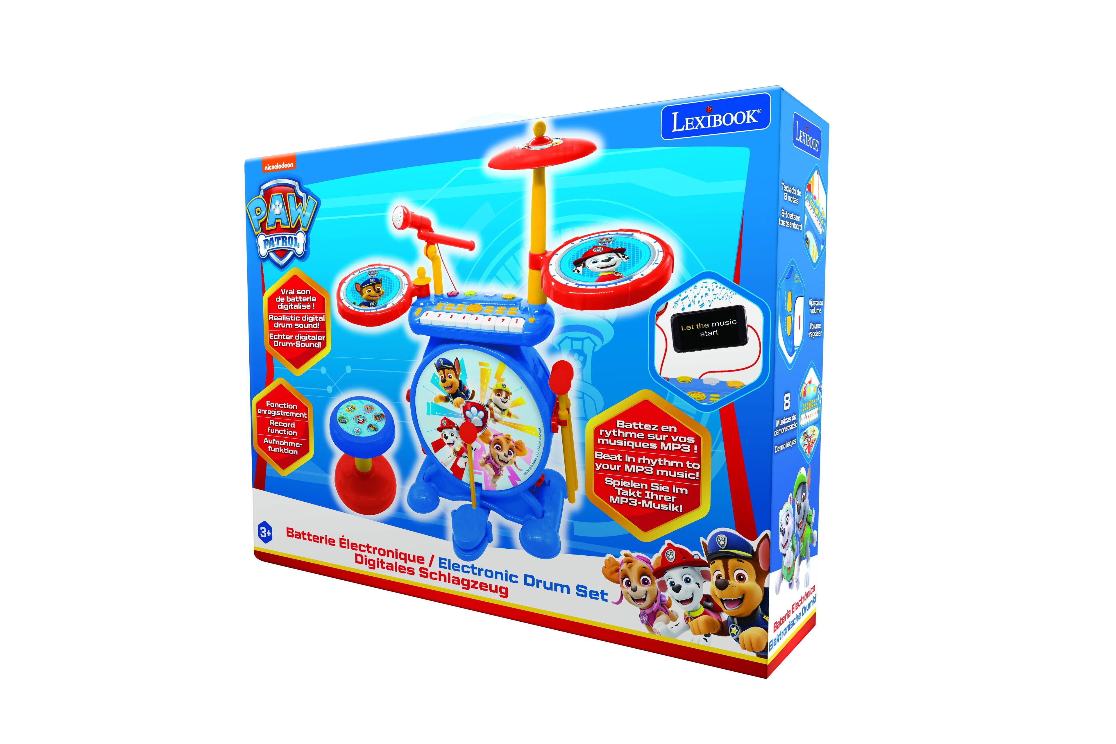 PAW PATROL LEXIBOOK  
Loi Techesd E rdos teen toeoeized Virai sun de batterie digitalis 1  
Realistic digital drum sound!  
Echter digitaler Drum-Sound!  
Let the music start  
Fonction enregistrement Record  
Battez en rythme sur vos musiques MP3!  
Funition Beat in your rhythm to MP3 music!  
Spielen Sie im Takt Ihrer MP3-Musik!  
3+  
Batterie Électronique Digitale  
Electronic Drum Set  
8  
Musiques de base  
Combinables