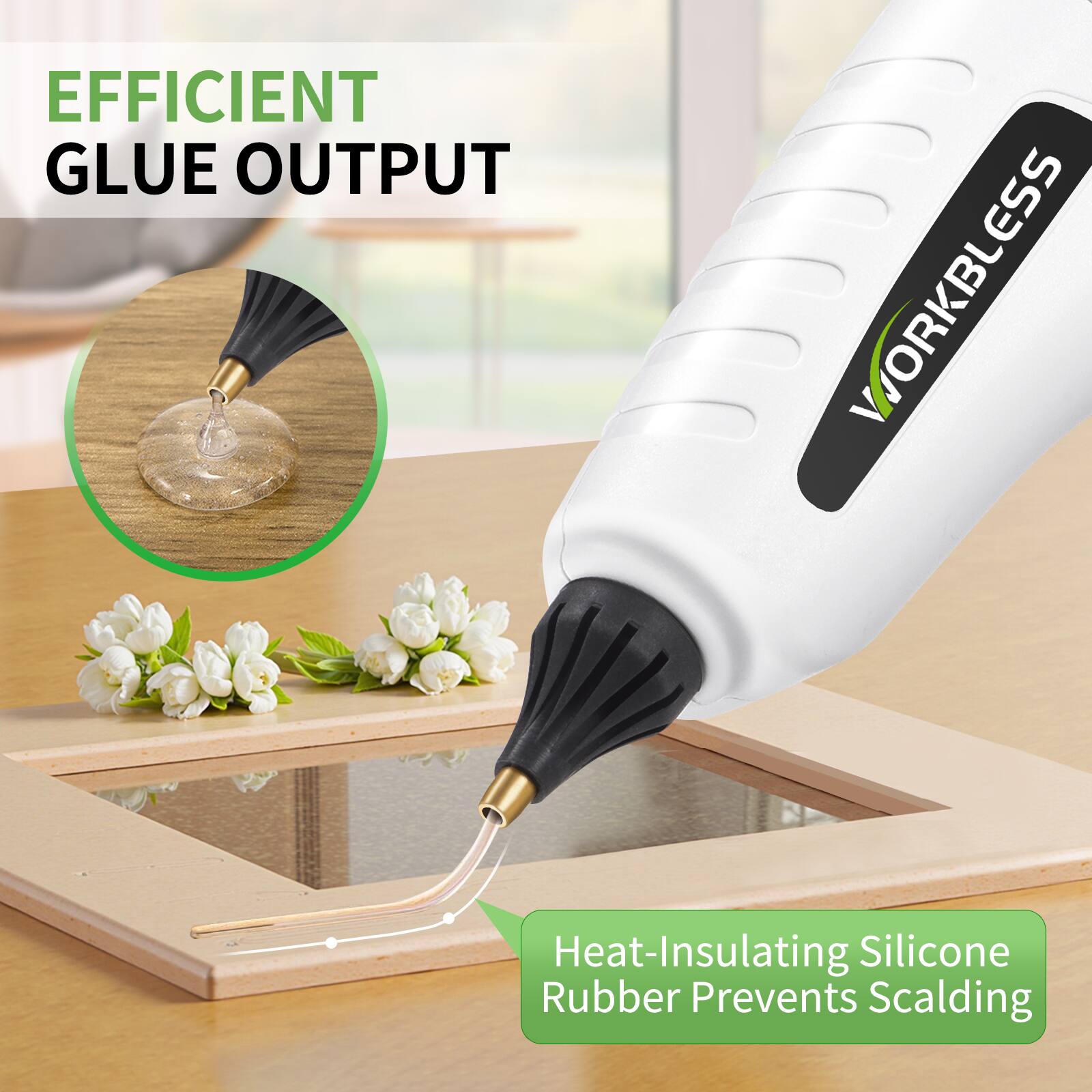EFFICIENT GLUE OUTPUT

Heat-Insulating Silicone Rubber Prevents Scalding