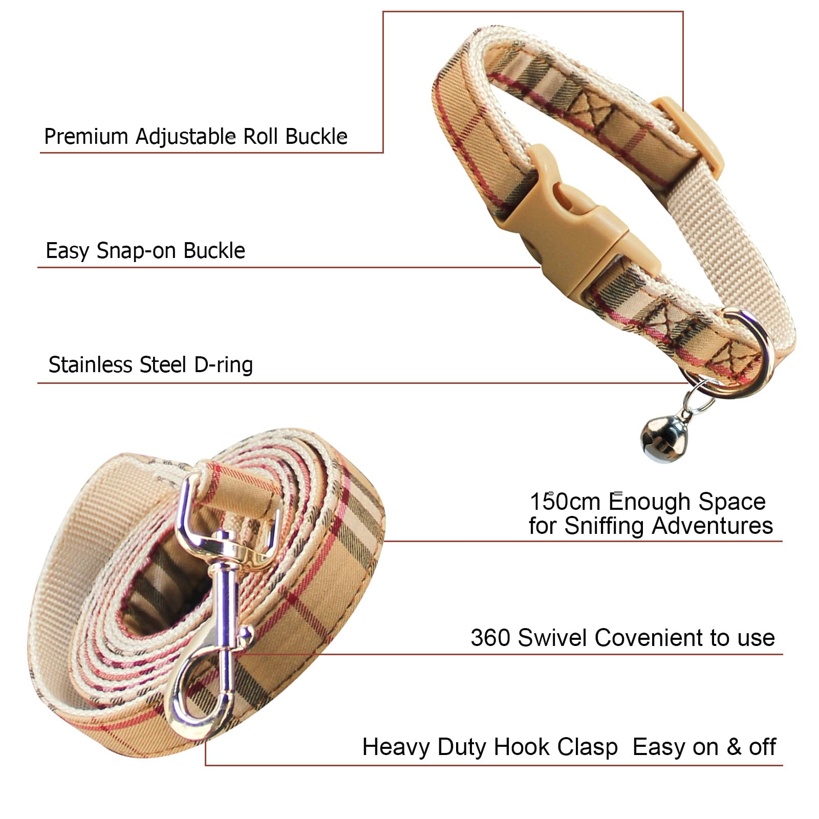 - Premium Adjustable Roll Buckle
- Easy Snap-on Buckle
- Stainless Steel D-ring
- 150cm Enough Space for Sniffing Adventures
- 360 Swivel Convenient to use
- Heavy Duty Hook Clasp Easy on & off