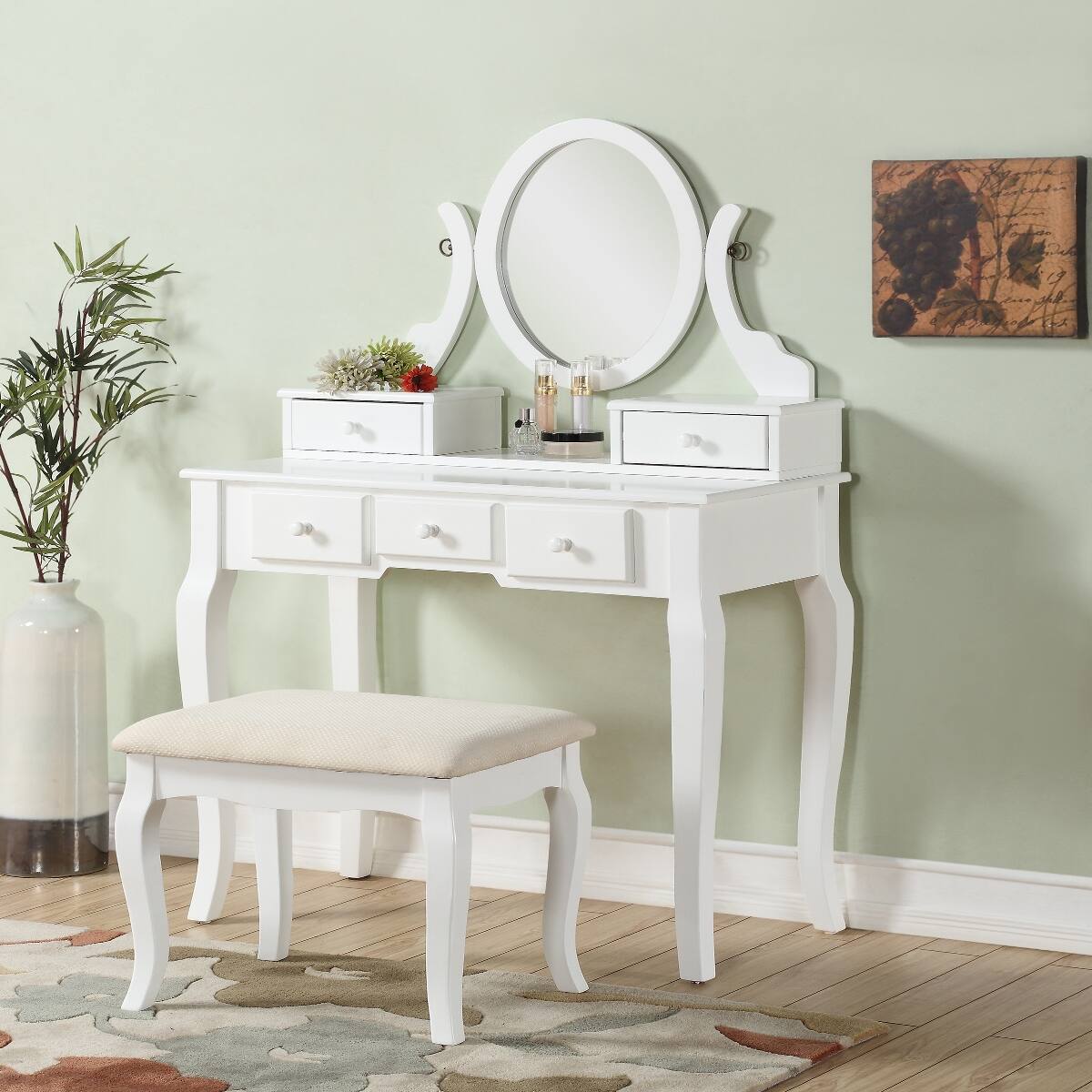 Loheer Wooden Makeup Vanity Set with Adjustable Oval Mirror and Stool ...