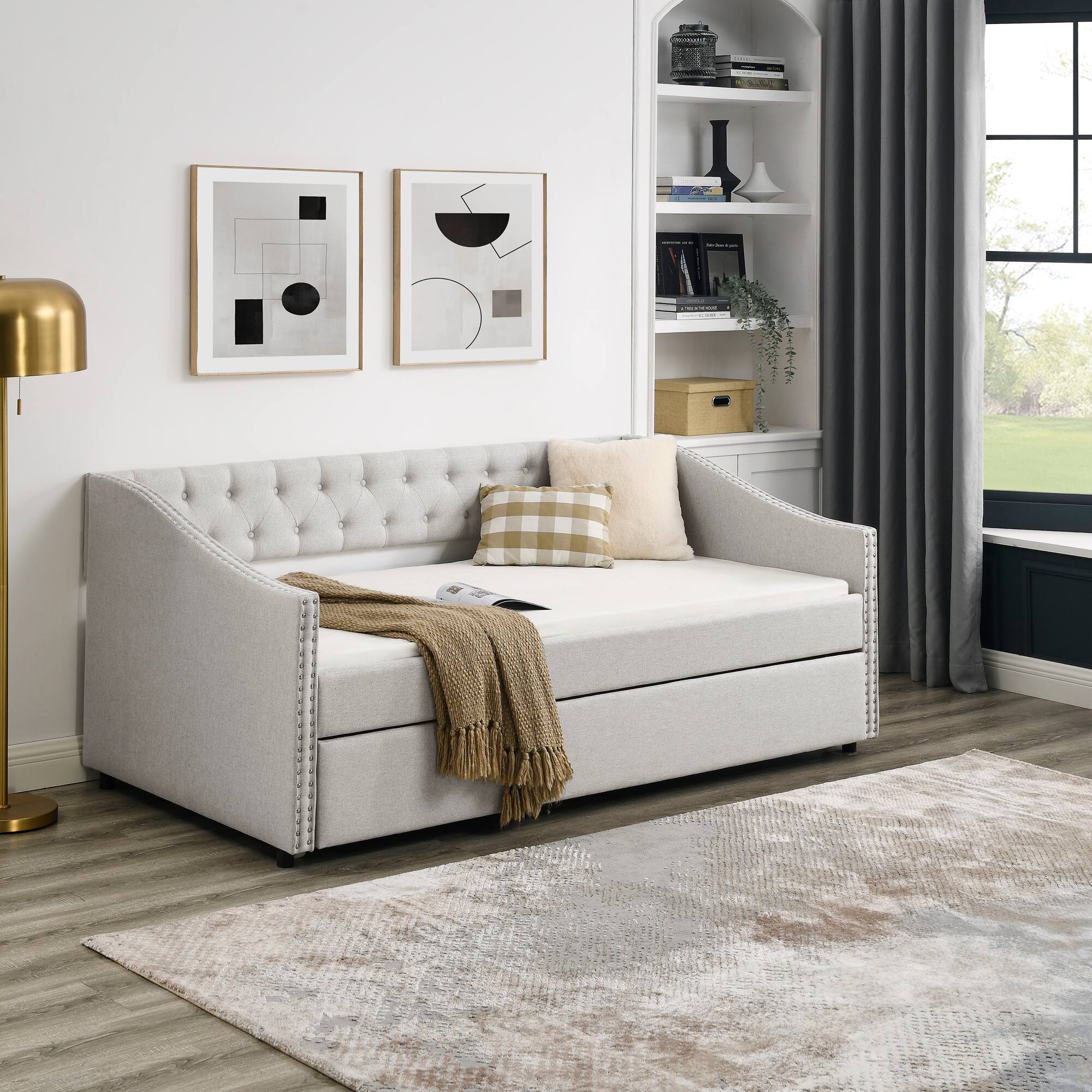 Angle. Tiramisubest - Twin Size Daybed with Twin Size Trundle Upholstered Tufted Sofa Bed, Beige (80.5"x41"x30.5") - Beige.