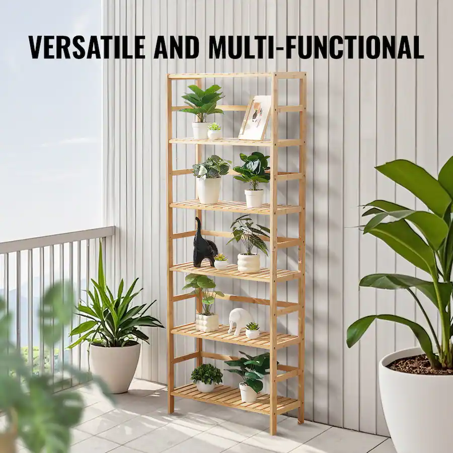 Folder Rack Tall VEVOR 6 Tier Bamboo Shelf, Open Wood Bookshelf, Display Storage Rack ...