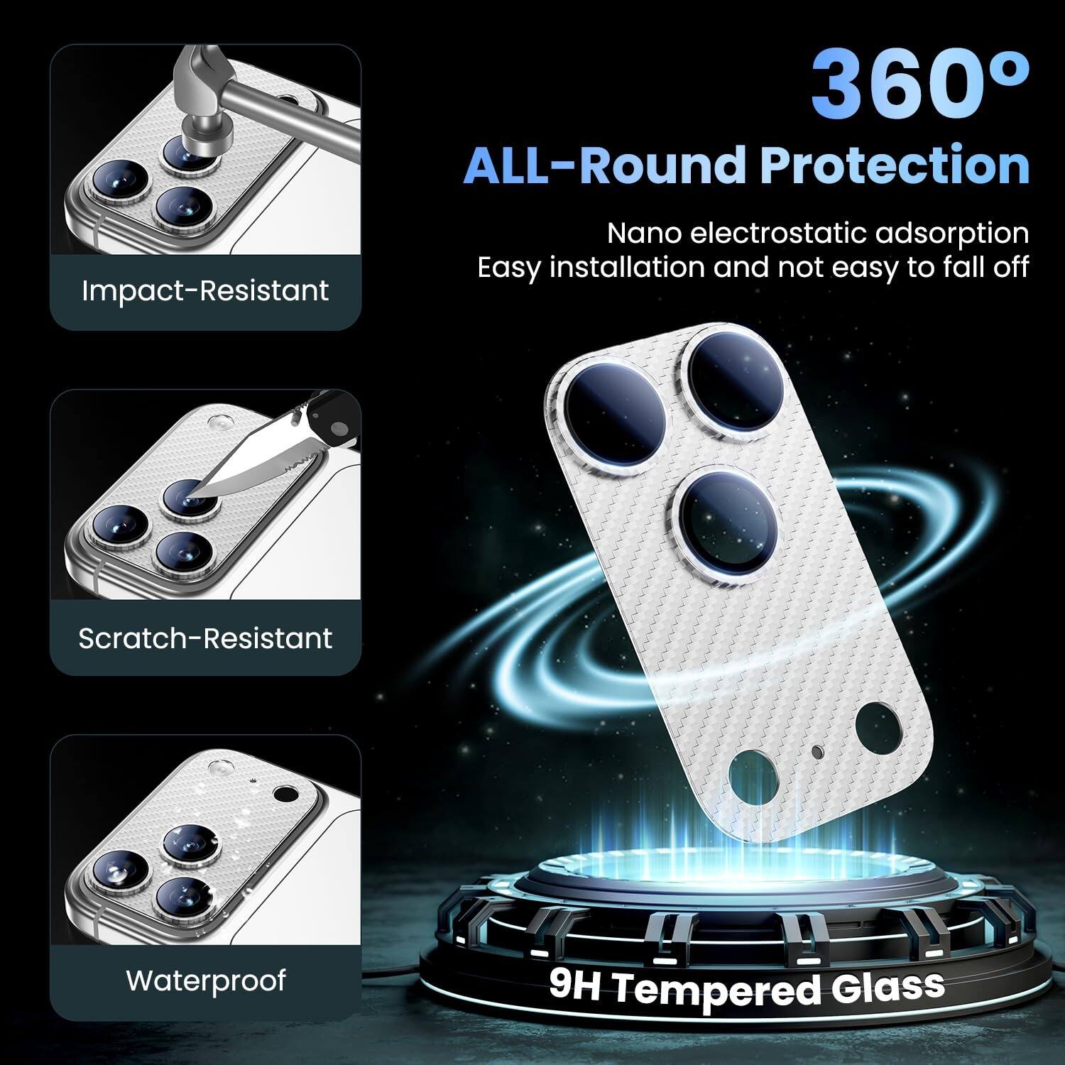 360° ALL-Round Protection

- Impact-Resistant
- Scratch-Resistant
- Waterproof
- Nano electrostatic adsorption
- Easy installation and not easy to fall off
- 9H Tempered Glass