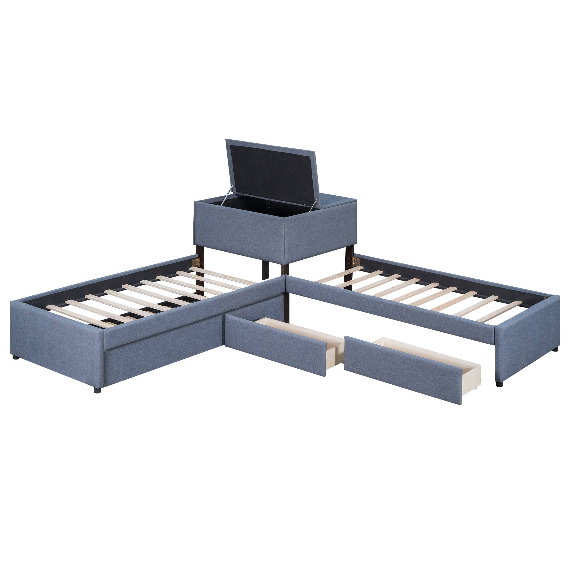 Back. Whisen - Twin Size 3-Bed L-Shaped Platform Bed with Trundle, Storage Drawers, Built-in Desk, Linen Upholstery - Blue-Gray.