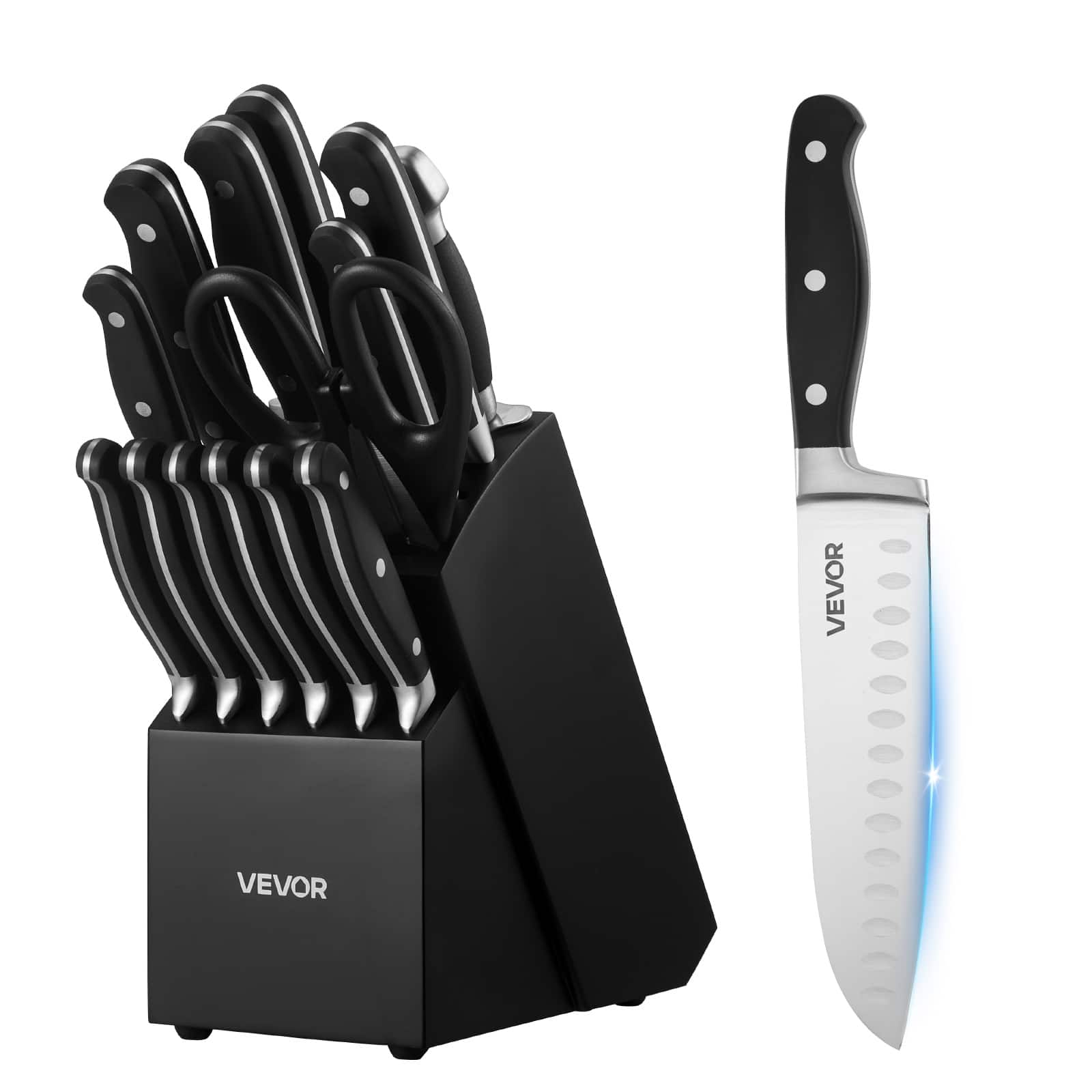 VEVOR - Kitchen Knife Set with Block and Sharpener, 15 Piece High Carbon Stainless Steel Sharp Knife Set, Kitchen Cutlery - Black