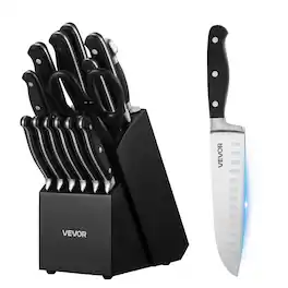 VEVOR - Kitchen Knife Set with Block and Sharpener, 15 Piece High Carbon Stainless Steel Sharp Knife Set, Kitchen Cutlery - Black