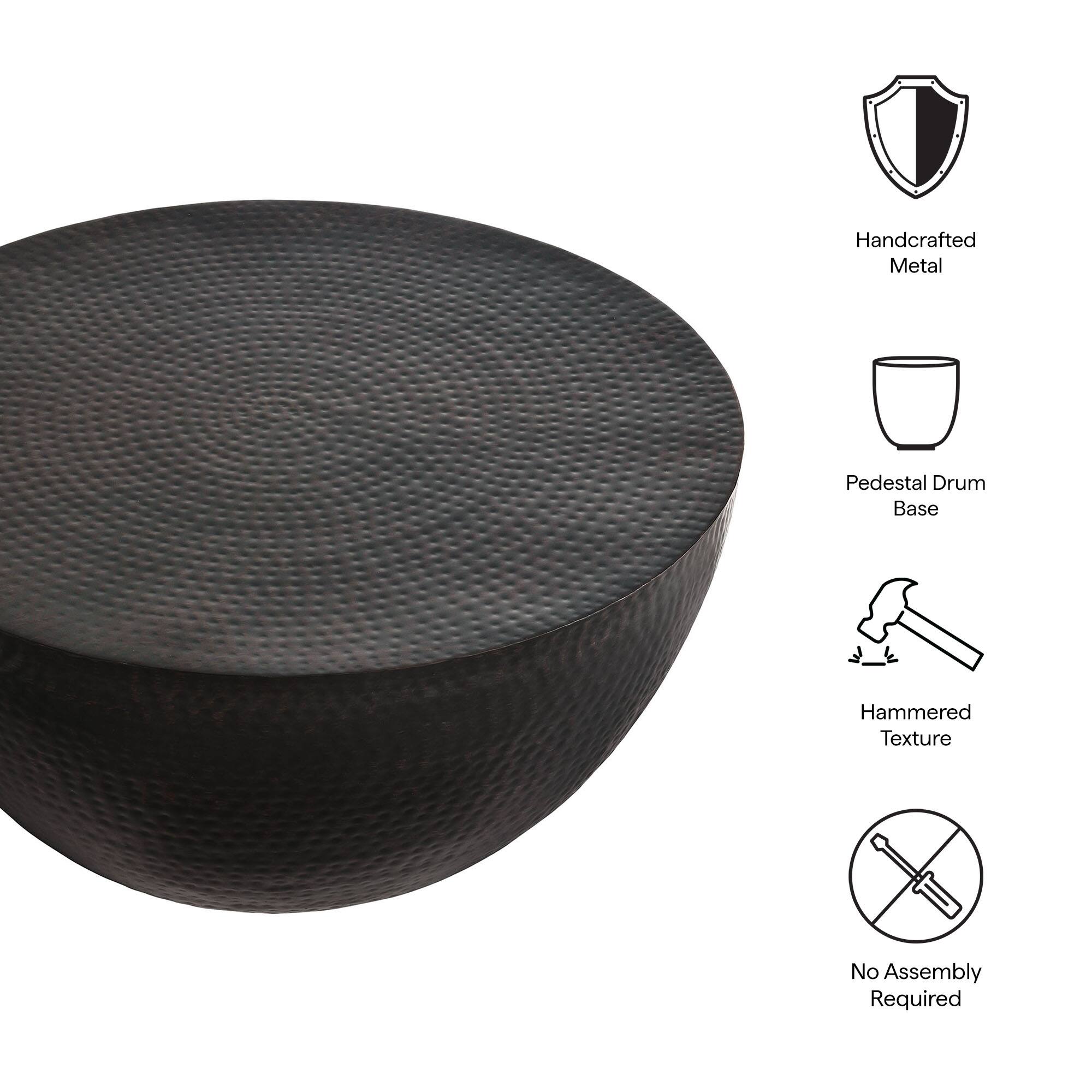 Handcrafted Metal Pedestal Drum Base  
Hammered Texture  
No Assembly Required