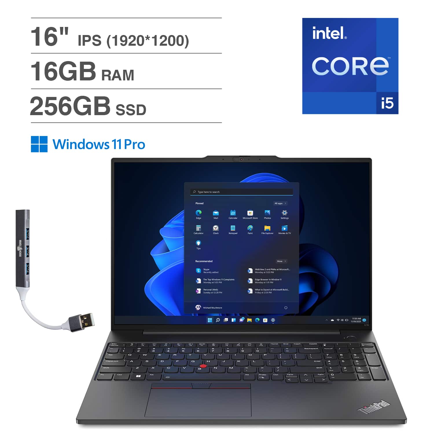 Lenovo - ThinkPad E16 Gen 1 Business Laptop 16.0" IPS WUXGA (Intel i5-1335U, 16GB RAM, 256GB SSD, Win 11 Pro) w/DKZ Hub - Graphite Black