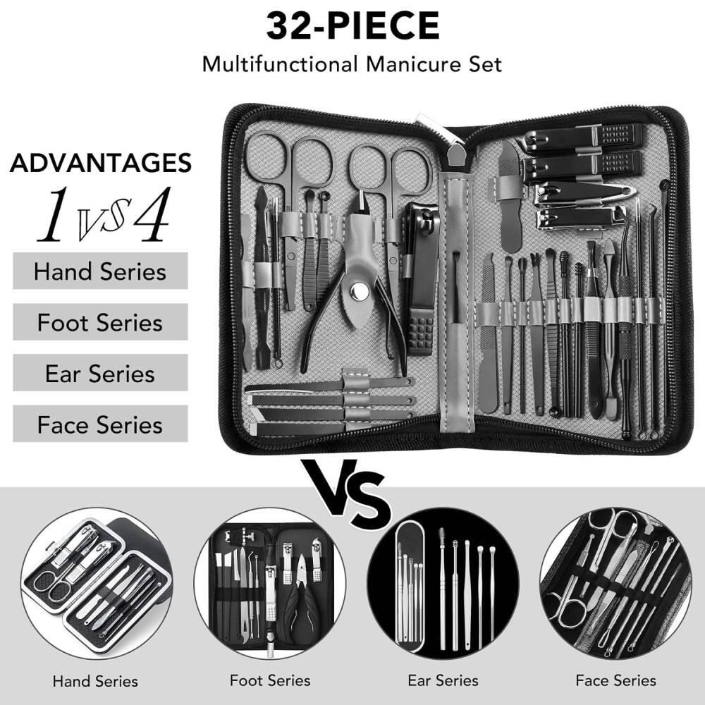 32-PIECE  
Multifunctional Manicure Set  

ADVANTAGES  
1 VS 4  

Hand Series  
Foot Series  
Ear Series  
Face Series  

VS  

Hand Series  
Foot Series  
Ear Series  
Face Series
