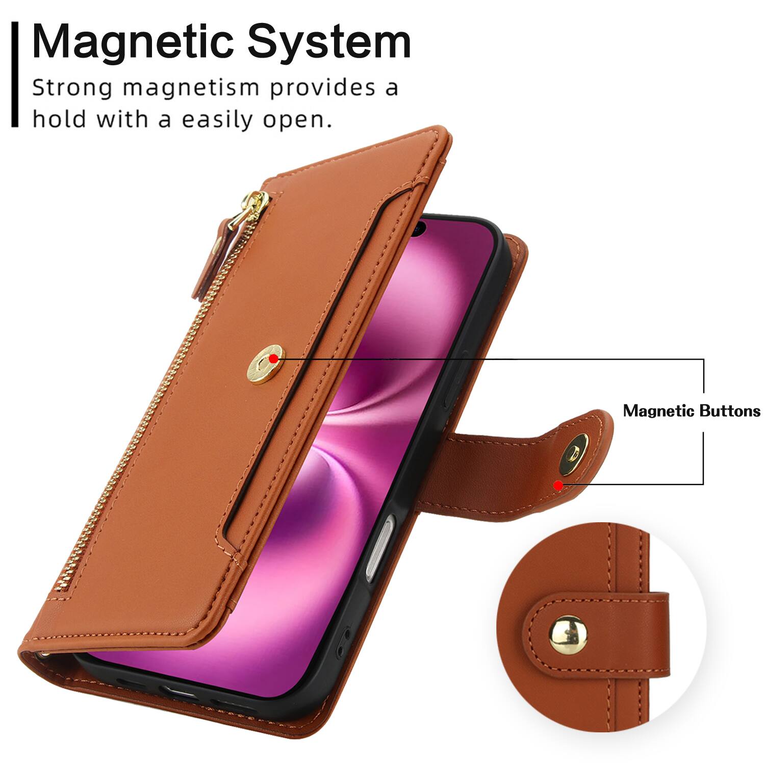 Magnetic System  
Strong magnetism provides a hold with a easily open.  
Magnetic Buttons