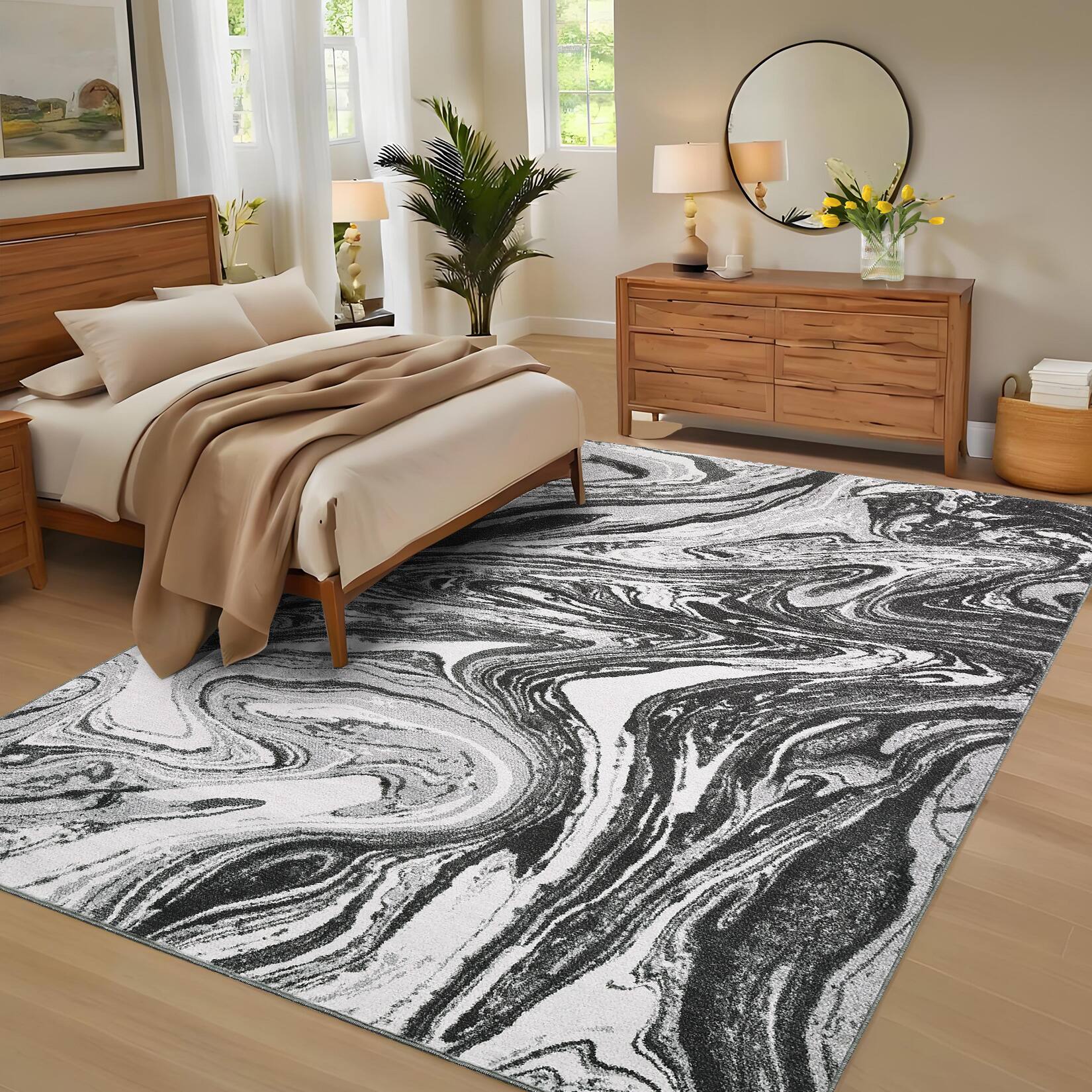 Back. Jojoka - Modern Abstract Area Rug Machine Washable Non Slip Stain Resistant Low Pile Indoor Rug for Living Room Bedroom Kitchen - Grey.