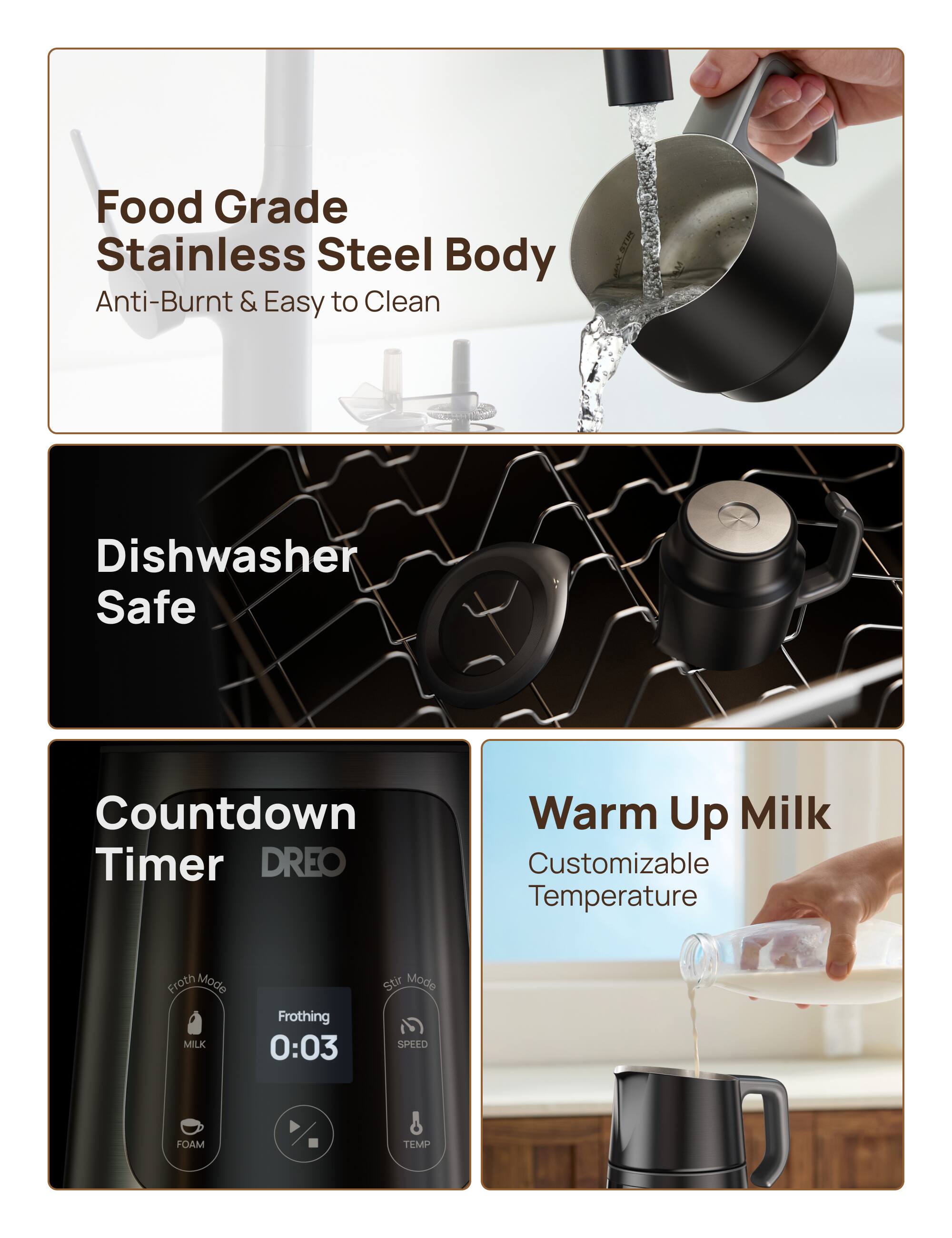Food Grade Stainless Steel Body, Anti-Burnt & Easy to Clean, Dishwasher Safe, Countdown Timer, Warm Up Milk, Customizable Temperature, Froth Mode, MILK, Frothing, 0:03, Stir Mode, SPEED, FOAM & TEMP