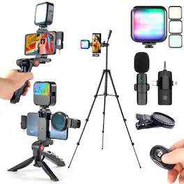 Empire DigiLabs - Vlogging Kit For Starter Phone Holder Video Recording Camera With Double Tripod rgb Light wireless Microphone cpl - Default
