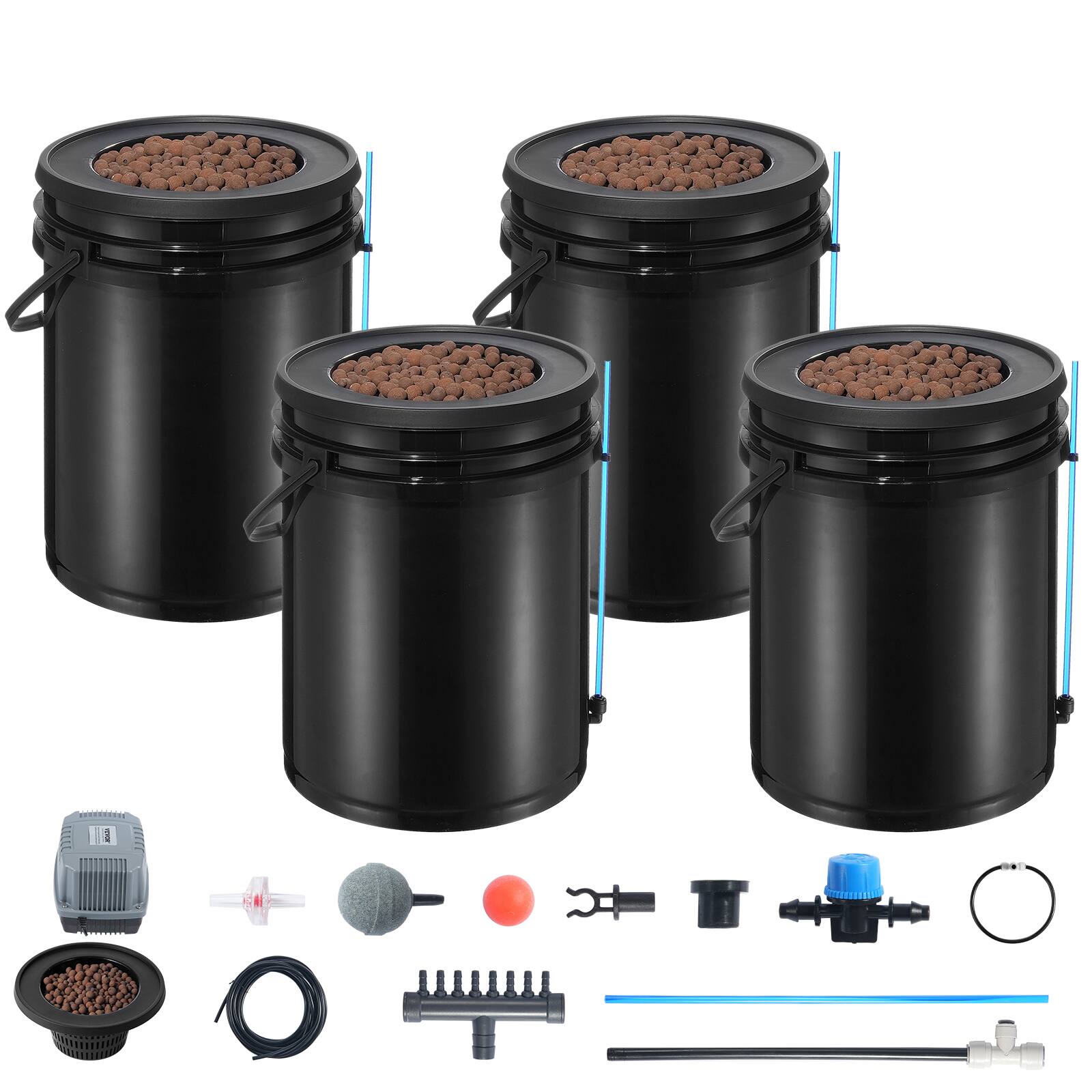 Alt View 5. VEVOR - DWC Hydroponics Grow System, Hydroponic Growing System with Top Drip Kit, Deep Water Culture 5-Gallon 4 Buckets - Black.
