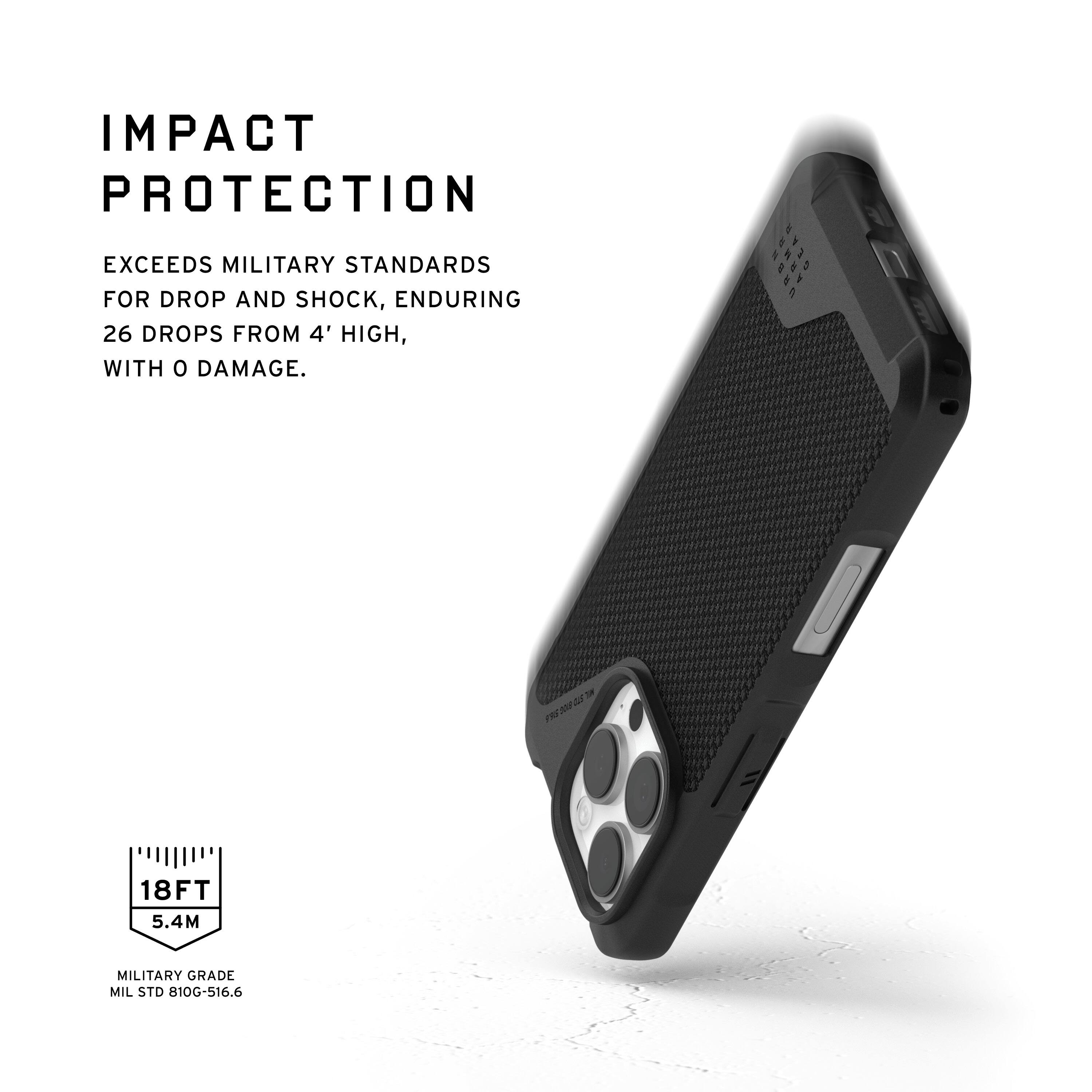 The text on the image reads: "IMPACT PROTECTION EXCEEDS MILITARY STANDARDS FOR DROP AND SHOCK, ENDURING 26 DROPS FROM 4' HIGH, WITH 0 DAMAGE. DF - 2 P 18FT 5.4M MILITARY GRADE MIL STD 810G-516.6."