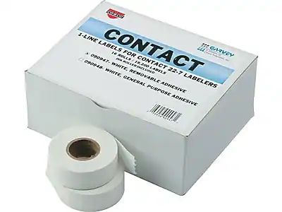 Sure, here is the corrected and grouped text from the image:
---
**GARVEY**
**CONTACT**
**1-LINE LABELS FOR CONTACT LABELERS**
- 16 ROLLS
- 18,200 LABELS
- WHITE, REMOVABLE ADHESIVE
- 090947 - 090948
**GENERAL PURPOSE ADHESIVE**
---
**WHITE, INKROLLEMINCLUDED**
---
**19.200 WHITE, LABELS 22-7**