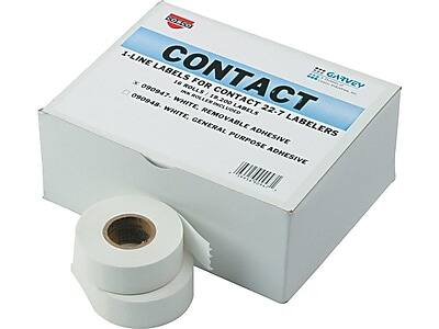 Sure, here is the corrected and grouped text from the image:

---

**GARVEY**

**CONTACT**

**1-LINE LABELS FOR CONTACT LABELERS**

- 16 ROLLS
- 18,200 LABELS
- WHITE, REMOVABLE ADHESIVE
- 090947 - 090948

**GENERAL PURPOSE ADHESIVE**

---

**WHITE, INKROLLEMINCLUDED**

---

**19.200 WHITE, LABELS 22-7**