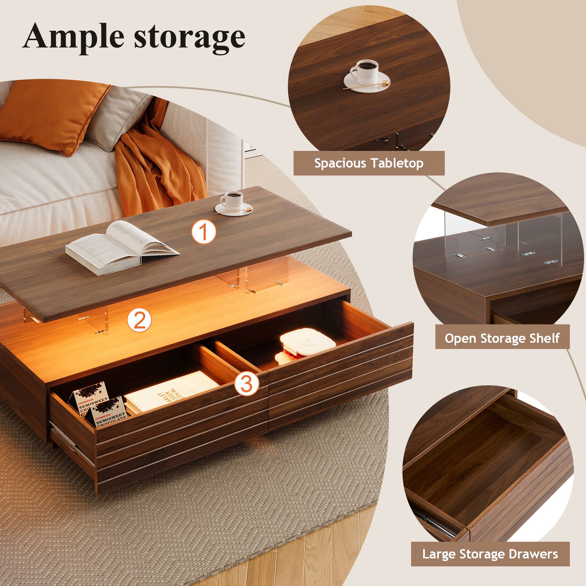 Ample storage

1. Spacious Tabletop
2. Open Storage Shelf
3. Large Storage Drawers