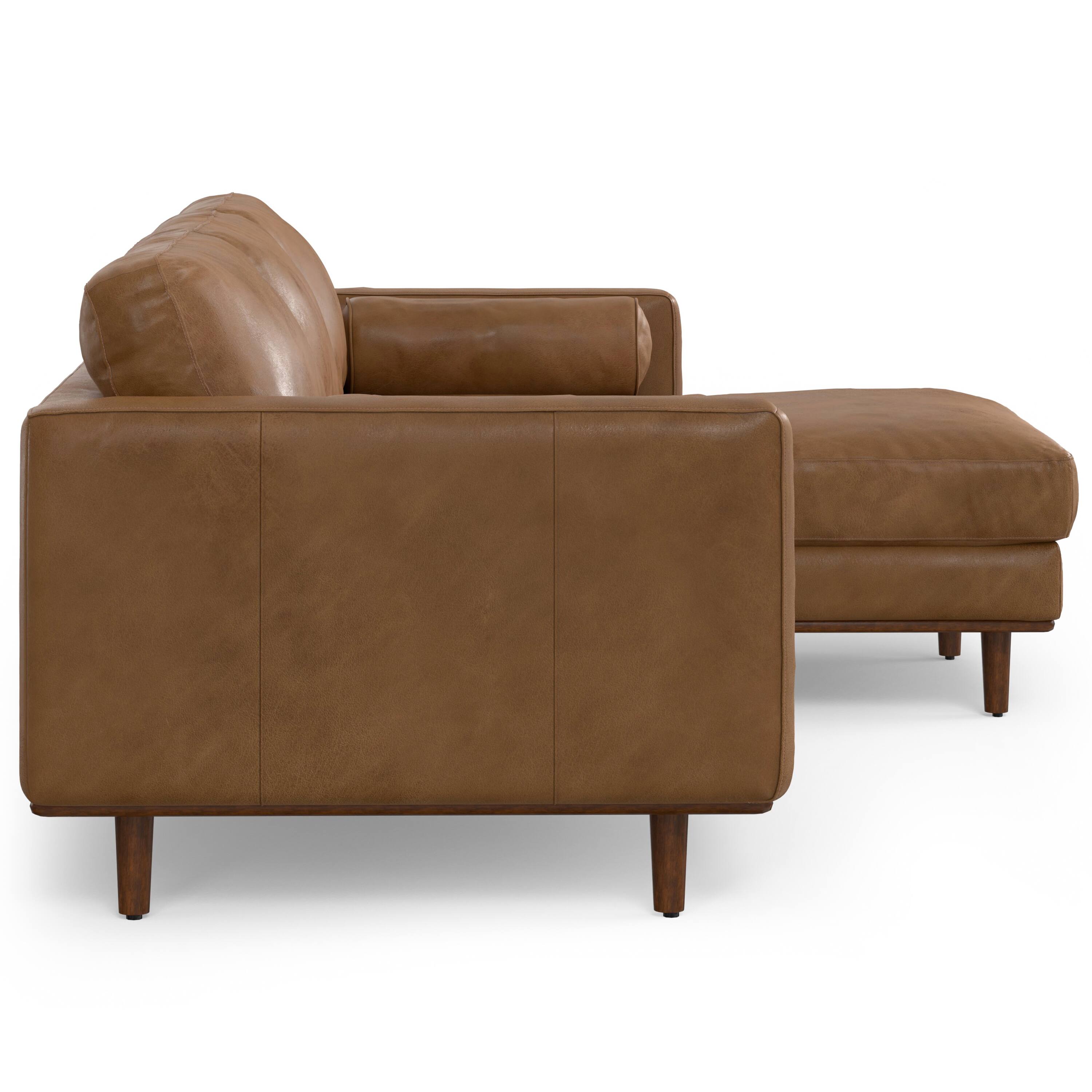 Alt View 1. Simpli Home - Morrison Mid Century Right Sectional 102 inch Wide Sofa Sectional in Caramel Brown Genuine Leather - Caramel Brown.