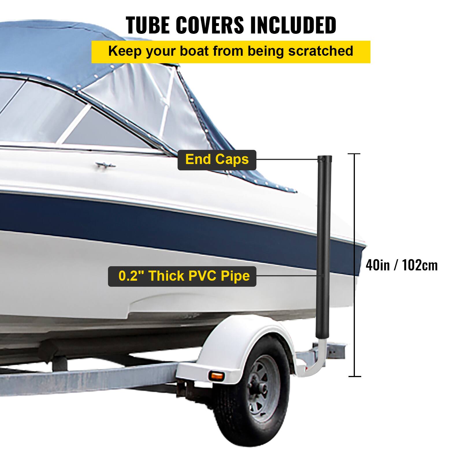 TUBE COVERS INCLUDED  
Keep your boat from being scratched  

End Caps  
0.2" Thick PVC Pipe  
40in / 102cm