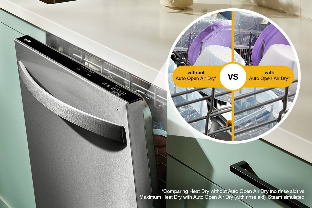 Comparing Heat Dry without Auto Open Air Dry (no rinse aid) vs. Maximum Heat Dry with Auto Open Air Dry (with rinse aid). Steam simulated.

without Auto Open Air Dry* vs with Auto Open Air Dry*