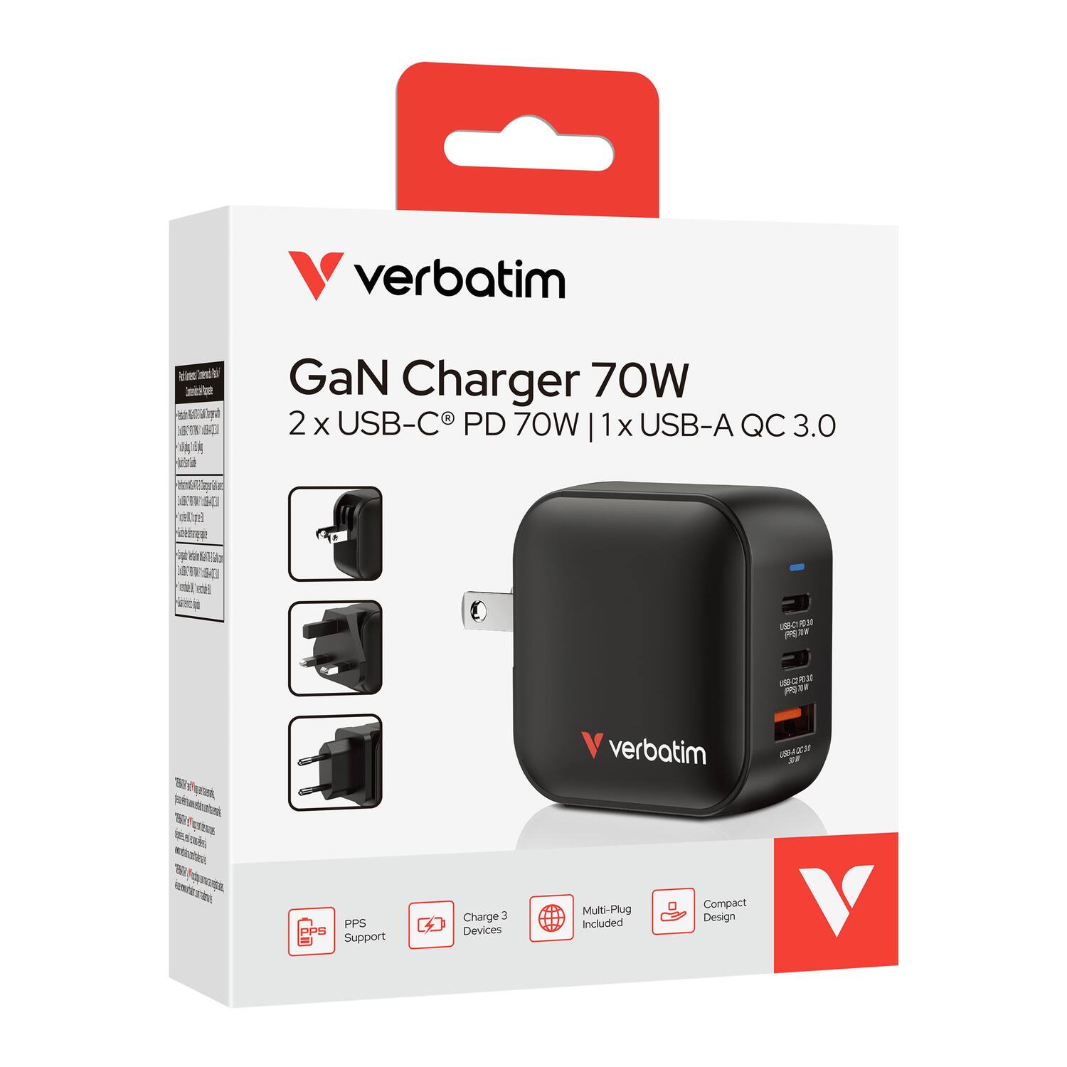 Verbatim GaN Charger 70W  
2 x USB-C PD 70W  
1 x USB-A QC 3.0  
PPS Support  
Charge 3 Devices  
Compact Multi-Plug Design Included