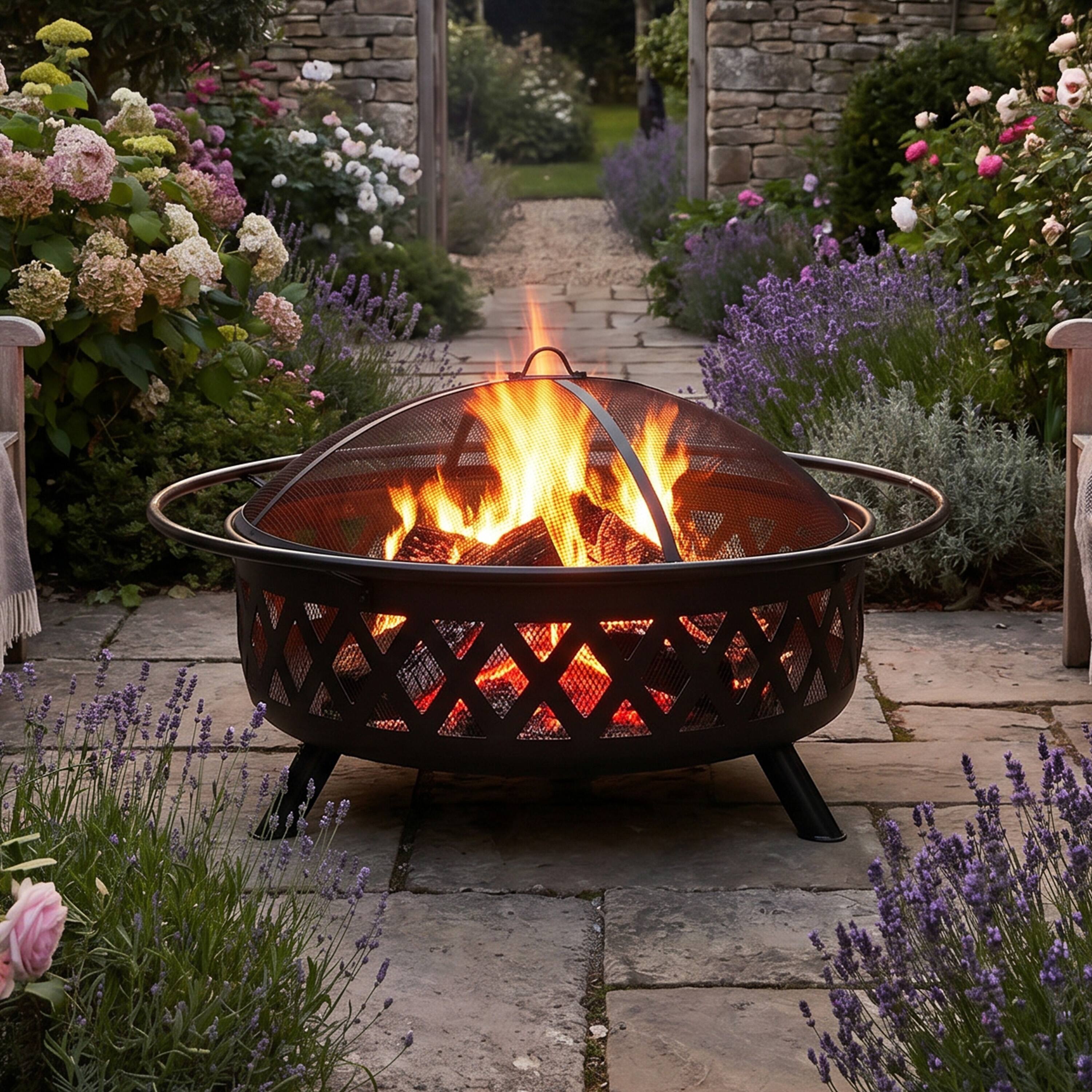 Alt View 1. Sunnydaze - 42 in Crossweave Steel Fire Pit with Screen, Poker, and Cover - Black.