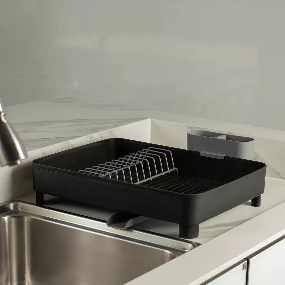 Angle. OU - Sink Organizer Set, Compact Dish Rack with Drain Spout & 19 oz Soap Dispenser with Sponge Holder - Black.