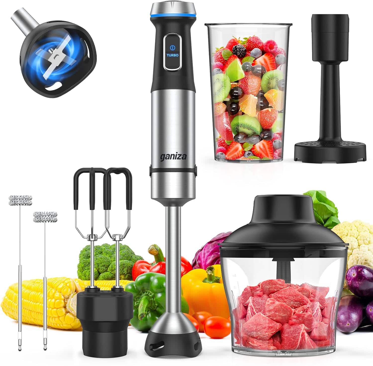 FINEAK - 6-in-1 Immersion Handheld Blenders-Powerful 1100W Hand Mixer & Chopper Set - Black
