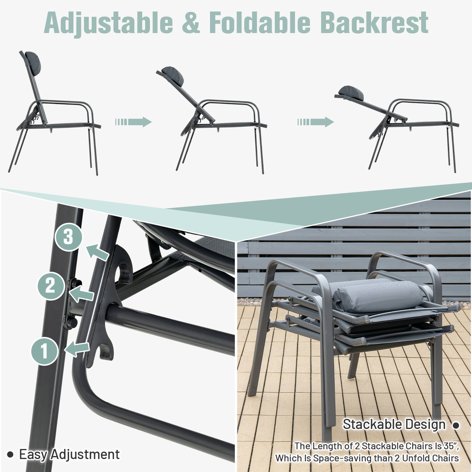 Adjustable & Foldable Backrest

Easy Adjustment

Stackable Design

The Length of 2 Stackable Chairs Is 35", Which Is Space-saving than 2 Unfold Chairs
