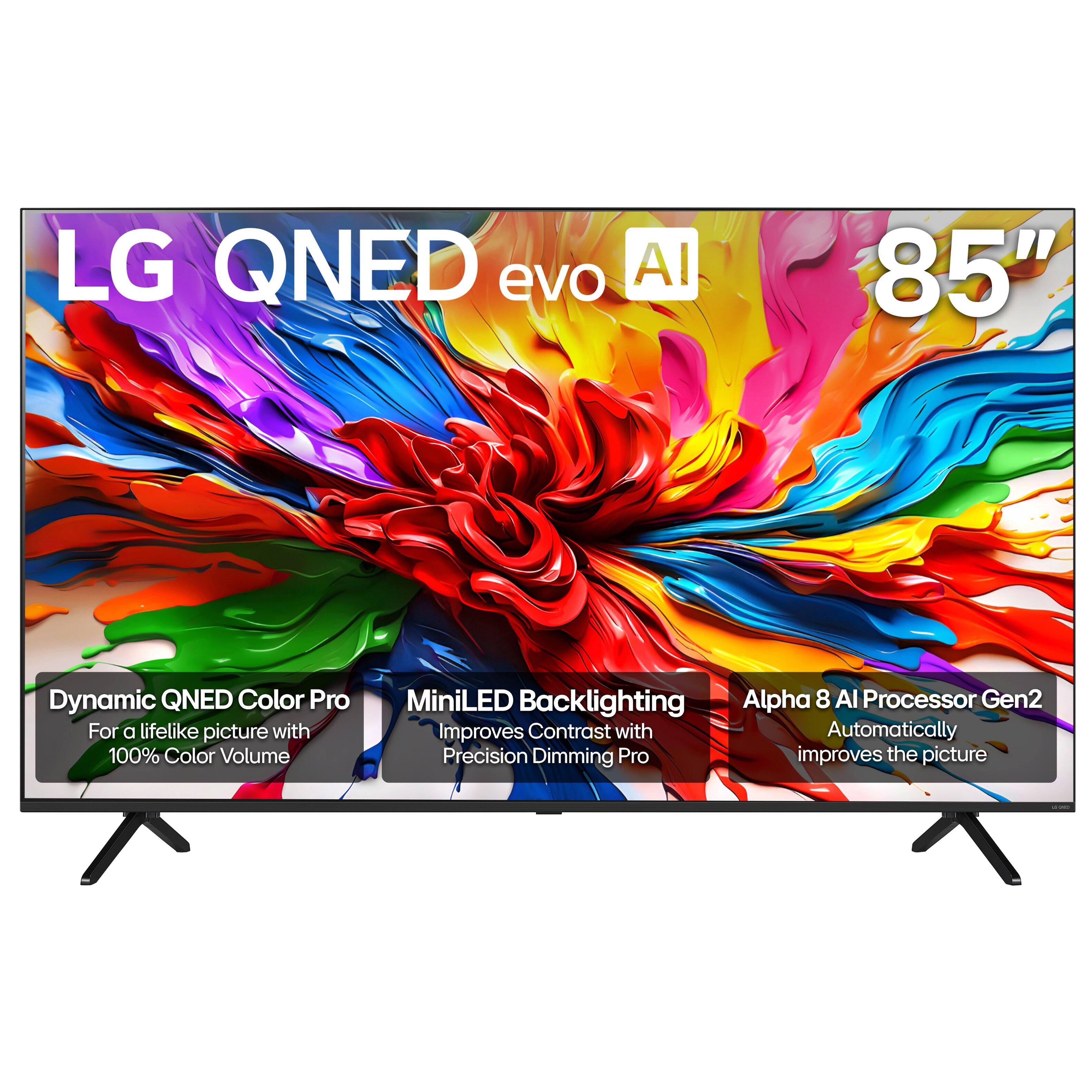 LG QNED evo AI  
85"  

Dynamic QNED Color Pro  
For a lifelike picture with 100% Color Volume  

MiniLED Backlighting  
Improves Contrast with Precision Dimming Pro  

Alpha 8 AI Processor Gen2  
Automatically improves the picture