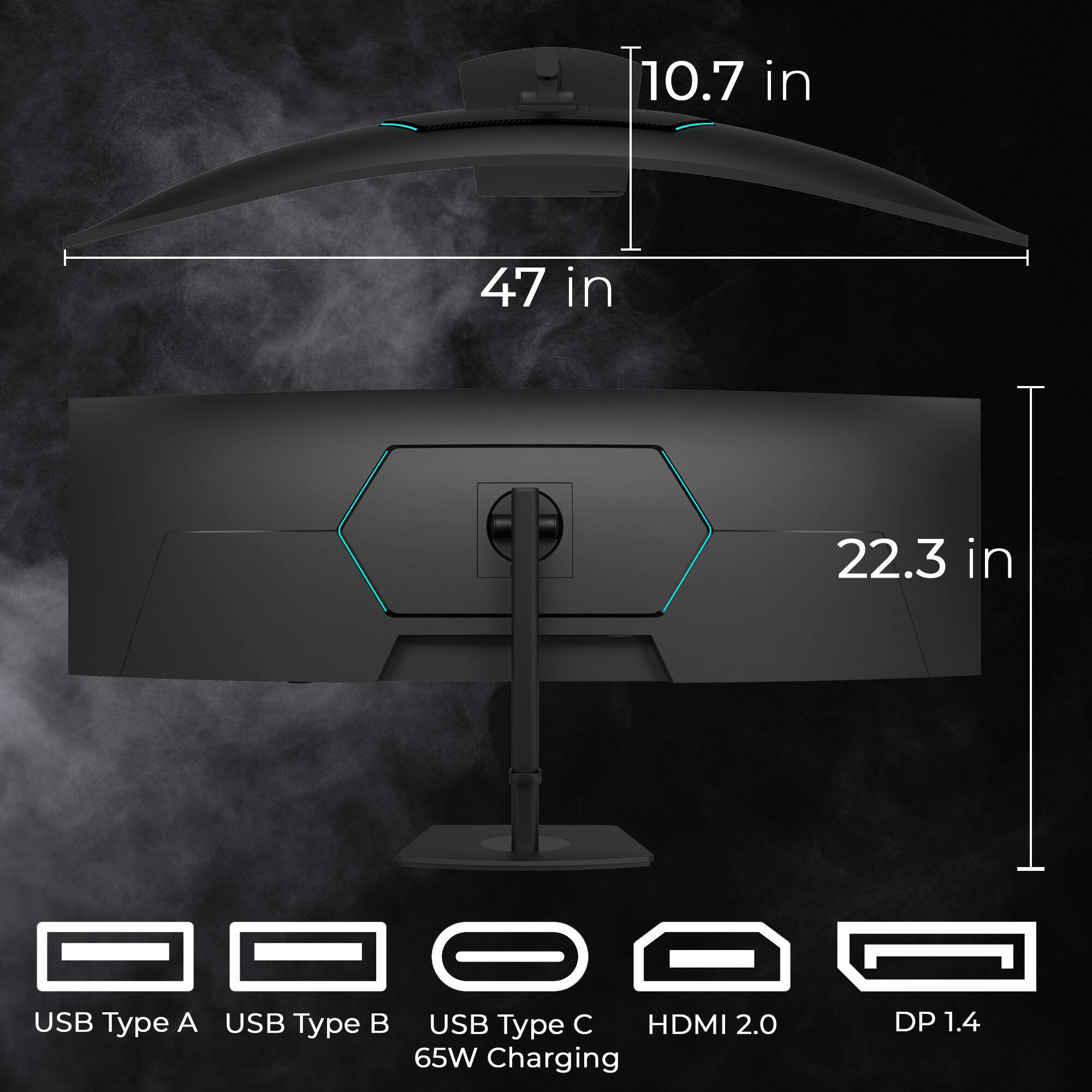 - 10.7 in
- 47 in
- 22.3 in

Ports:
- USB Type A
- USB Type B
- USB Type C
- HDMI 2.0
- DP 1.4

65W Charging