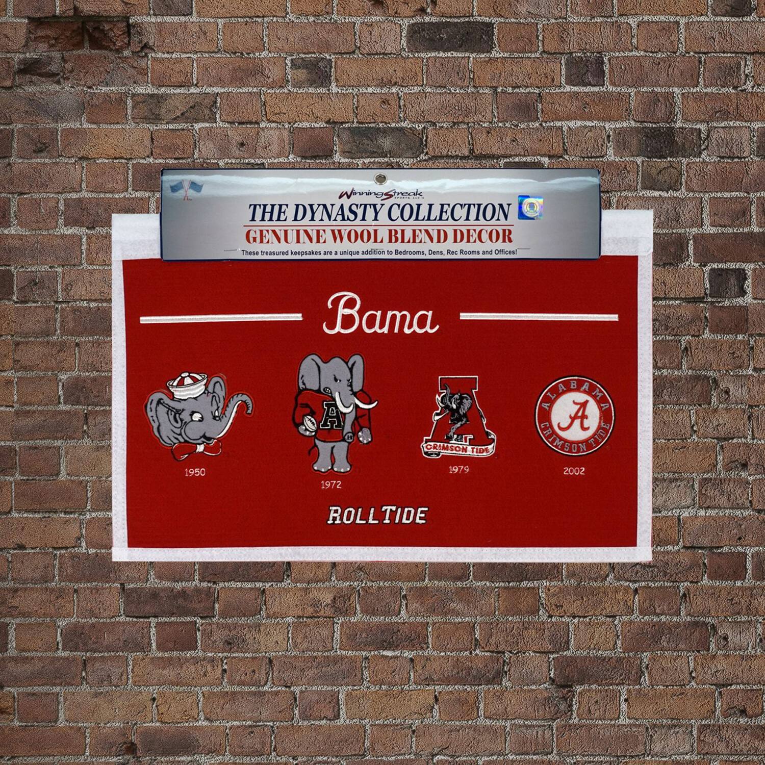 The Dynasty Collection  
Genuine Wool Blend Decor  
These treasured keepsakes are a unique addition to Bedrooms, Dens, Rec Rooms and Offices!  

Bama  
1950  
1972  
1979  
2002  

Roll Tide