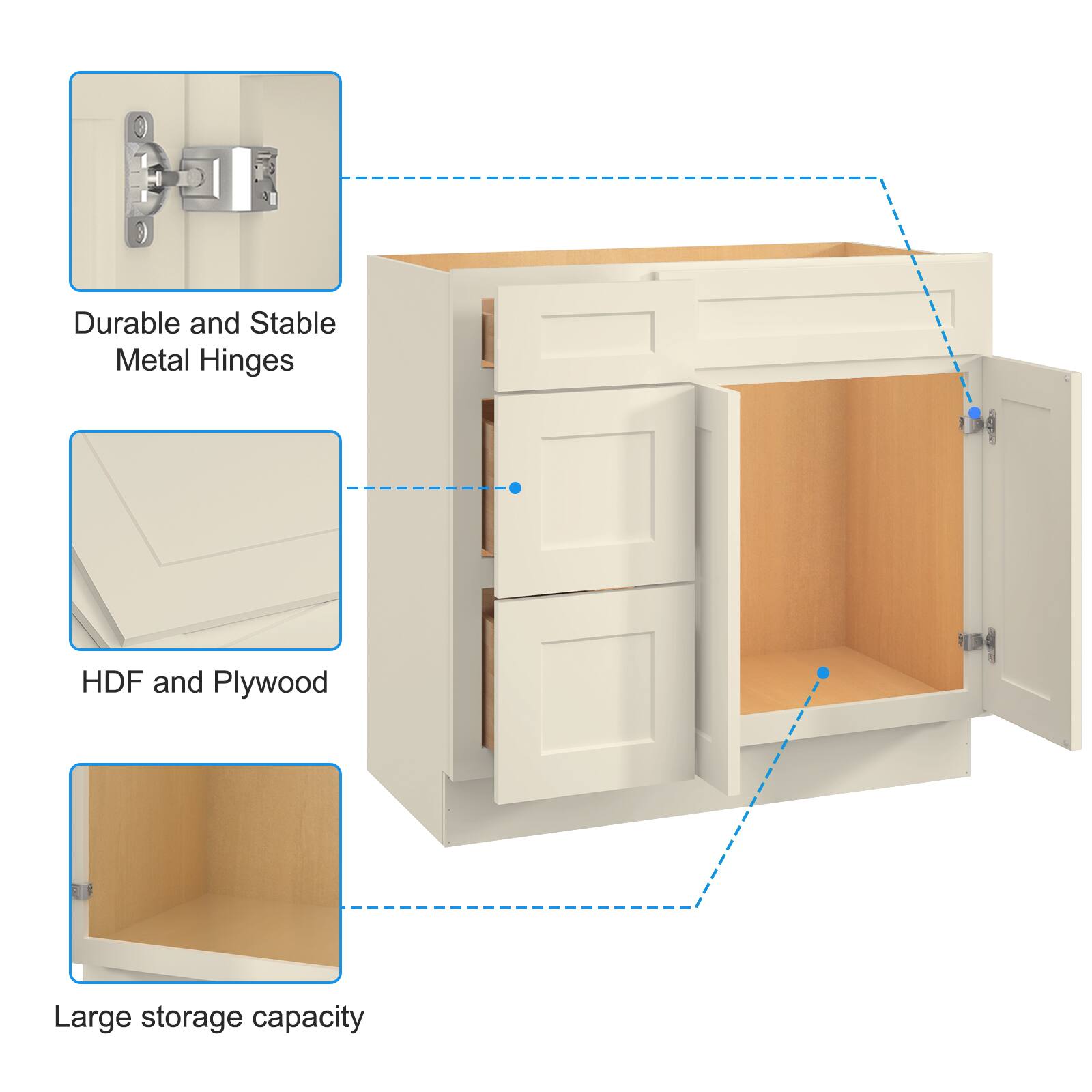 - Durable and Stable Metal Hinges
- HDF and Plywood
- Large storage capacity